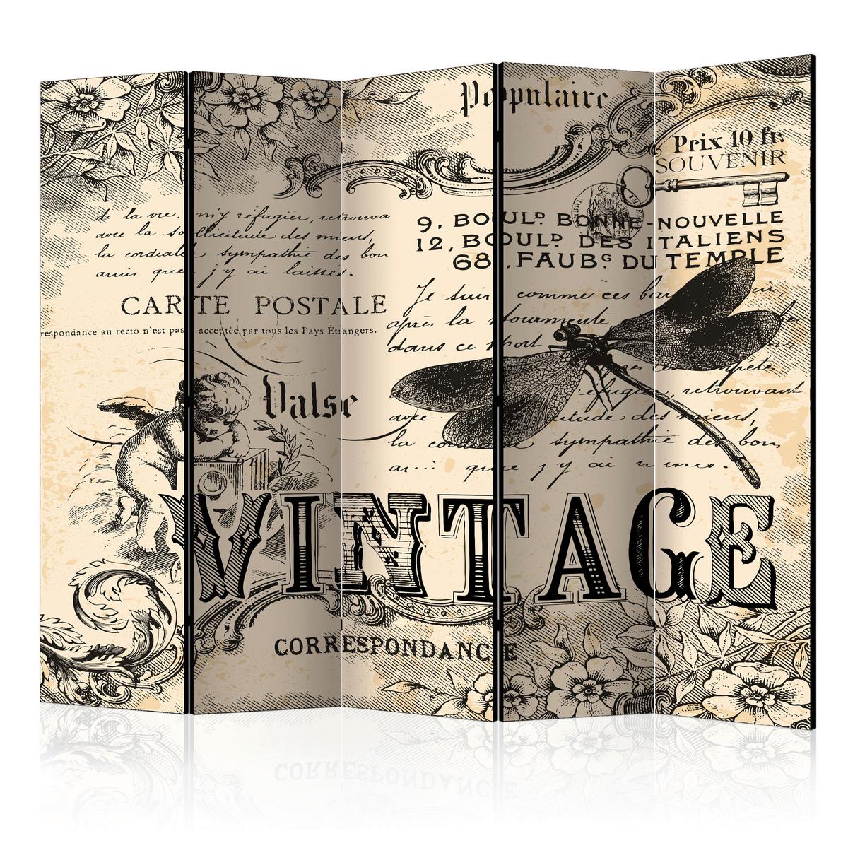 Paravan Vintage I, 5-Delni, Dvostranski - siva/krem barve, Basics, tekstil/les (225/172/3cm) - artgeist