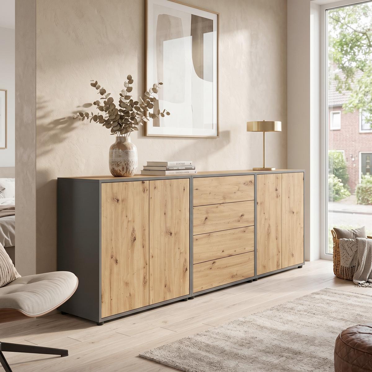 Sideboard Mailand Set 5 Anthrazit/Eiche - Anthrazit/Schwarz, MODERN, Holzwerkstoff/Kunststoff (237/73/33cm) - MID.YOU