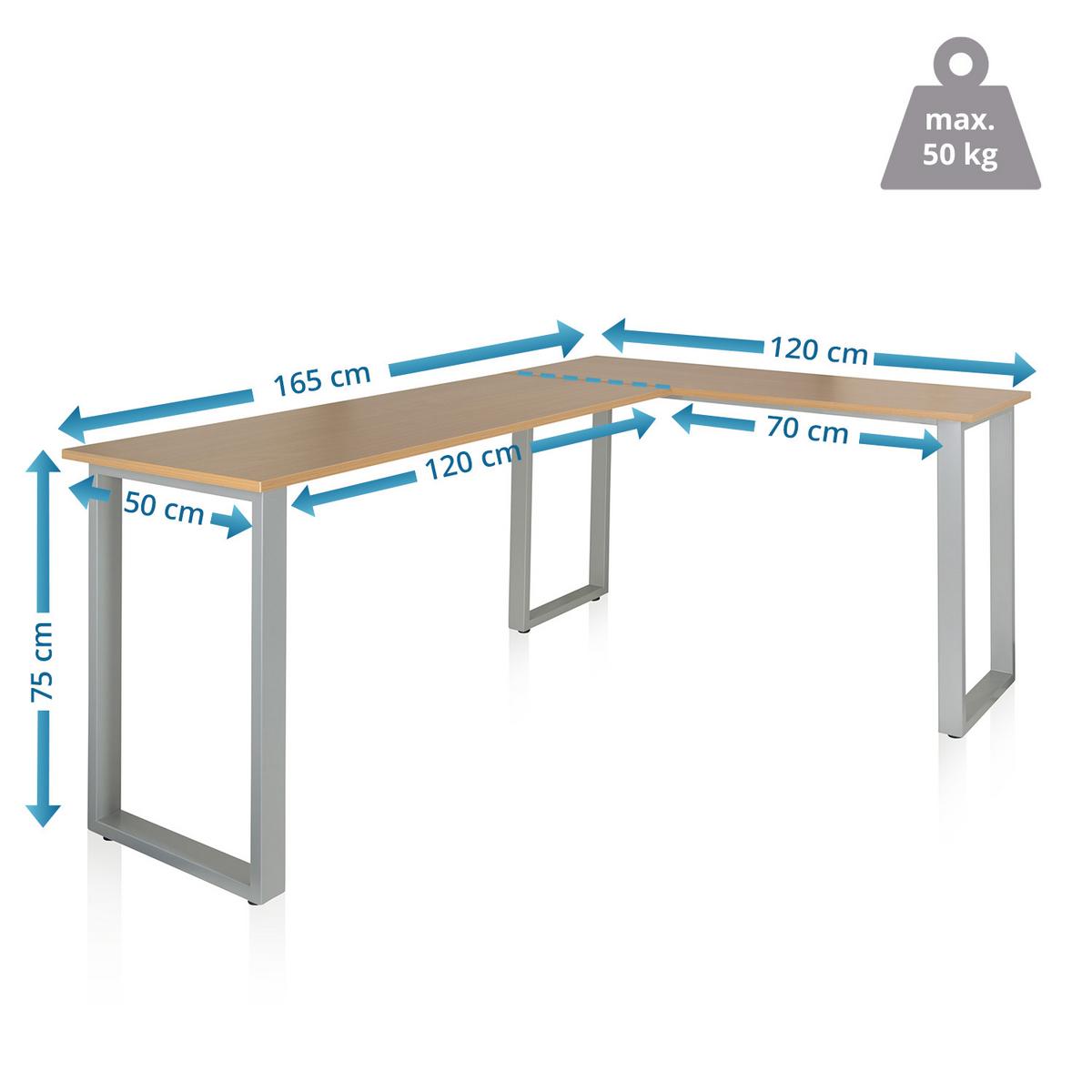 Kotna Pisalna Miza Workspace Basic I, Srebrna, Barva Hrasta - srebrne barve/barve bukve, Basics, kovina/leseni material (165/120/75cm) - MID.YOU