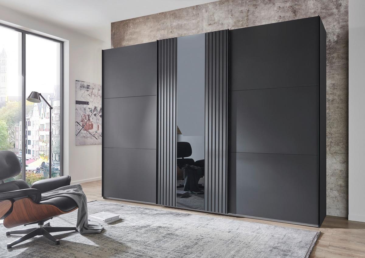 DULAP USI CULISANTE ATLANTA - grafit/negru, Modern, sticlă/material pe bază de lemn (300/216/65cm) - Premium Living