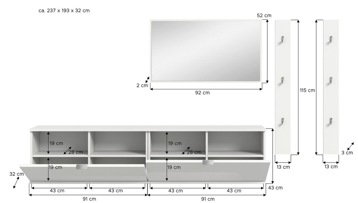 GARDEROBE PROJEKT X - Weiss Hochglanz/Weiss, Design, Holzwerkstoff (237/193/32cm) - Livetastic
