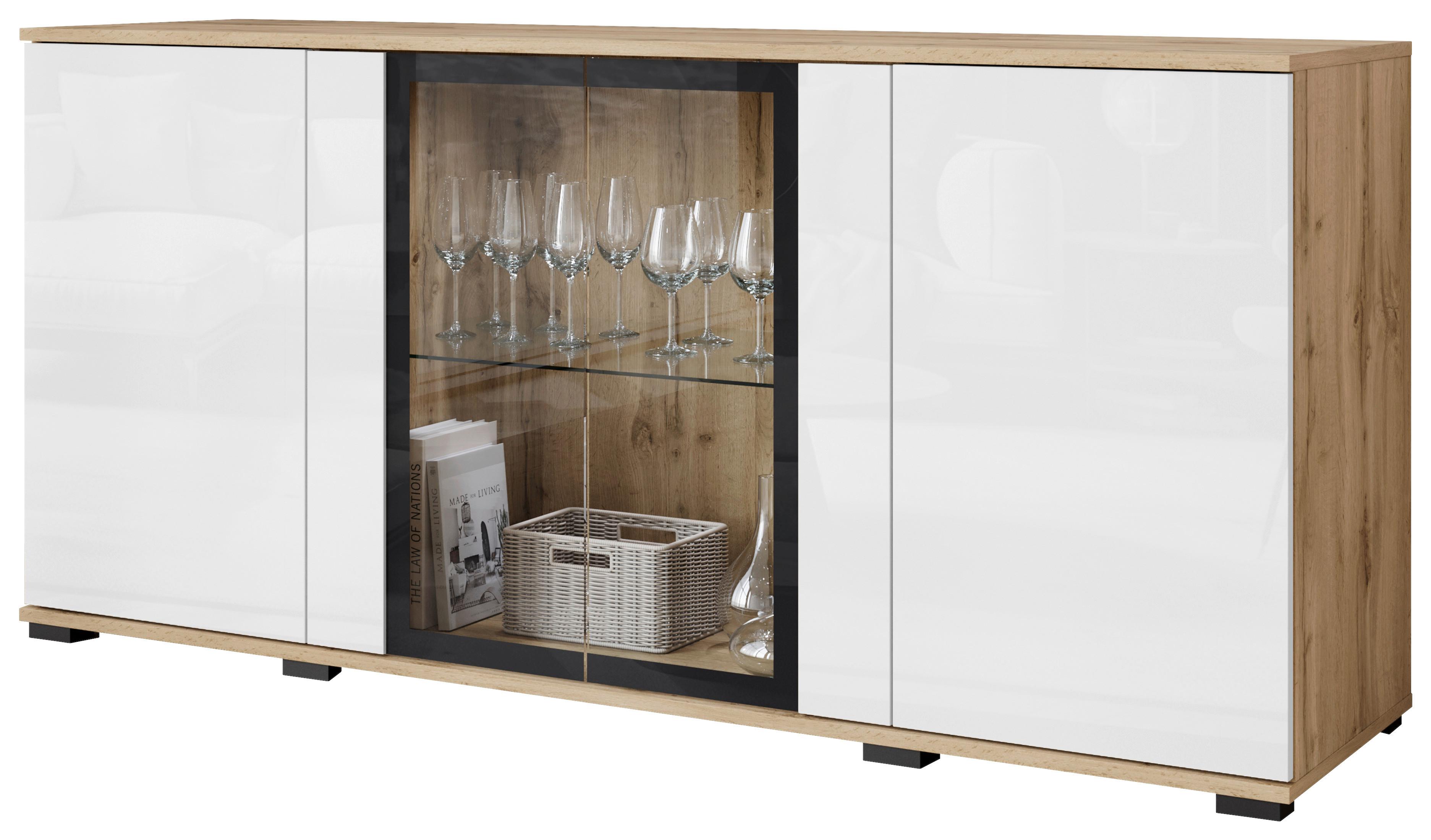 Sideboard Caro 150 - Weiss Hochglanz/Eiche Wotan, Design, Glas/Holzwerkstoff (150/69,7/39,5cm) - P & B
