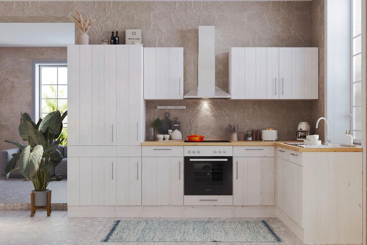 Eckküche Premium Lärche Weiß ca. 310x172 cm - Eichefarben/Weiß, ROMANTIK / LANDHAUS, Holzwerkstoff/Metall (310/172cm) - Respekta