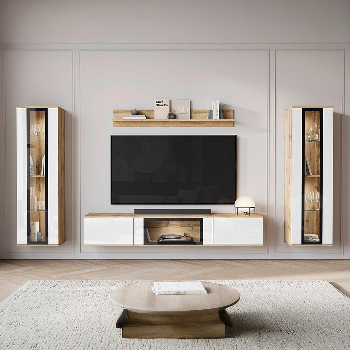 PAROI MURALE CARO - chêne wotan/blanc haute brillance, Trend, verre/matière synthétique (262/141,9/33cm) - P & B