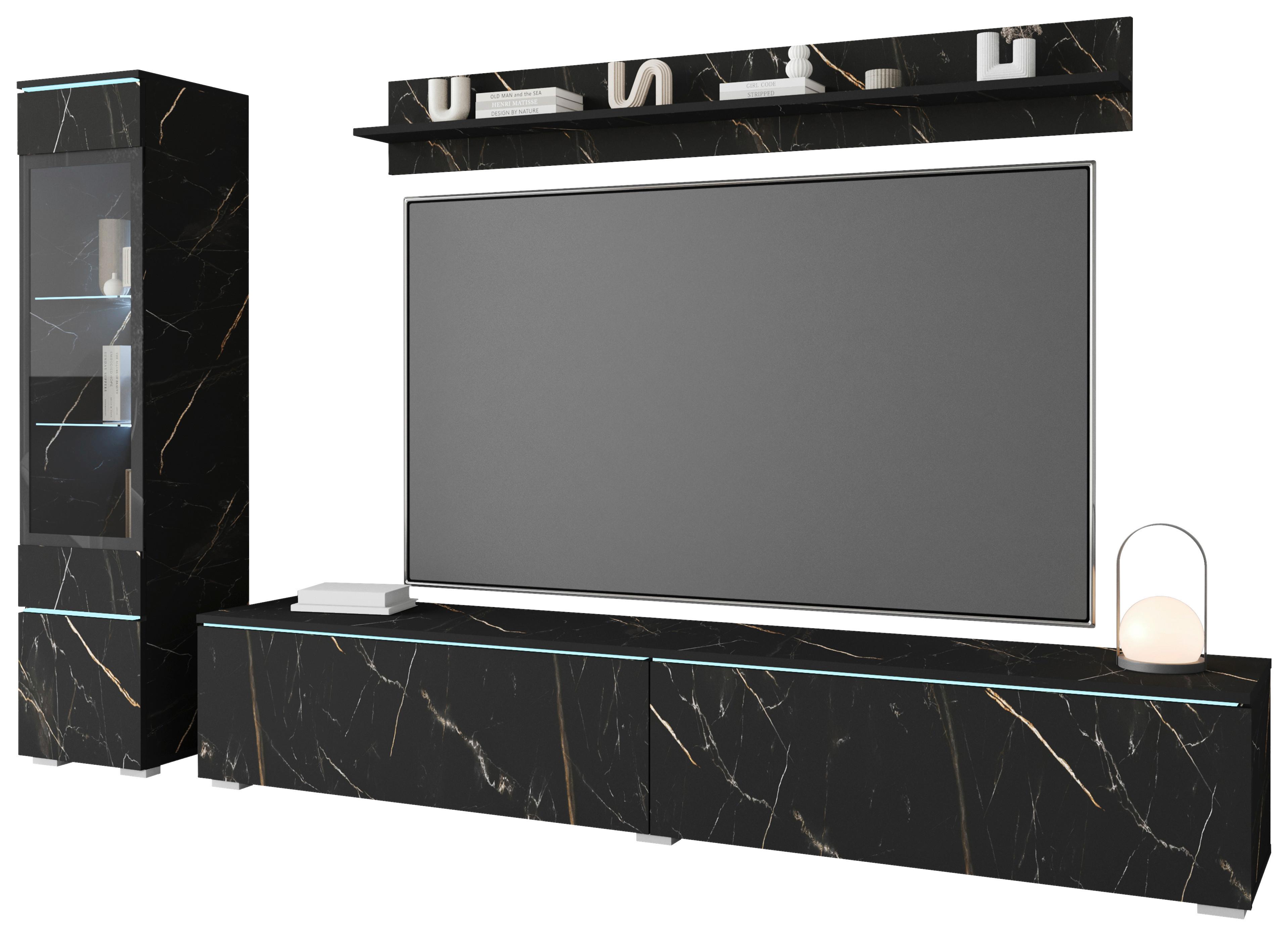 Wohnwand Vera ca. 210x130 cm Schwarz - Schieferfarben/Grau, Basics, Glas/Holzwerkstoff (210/130/33cm) - P & B