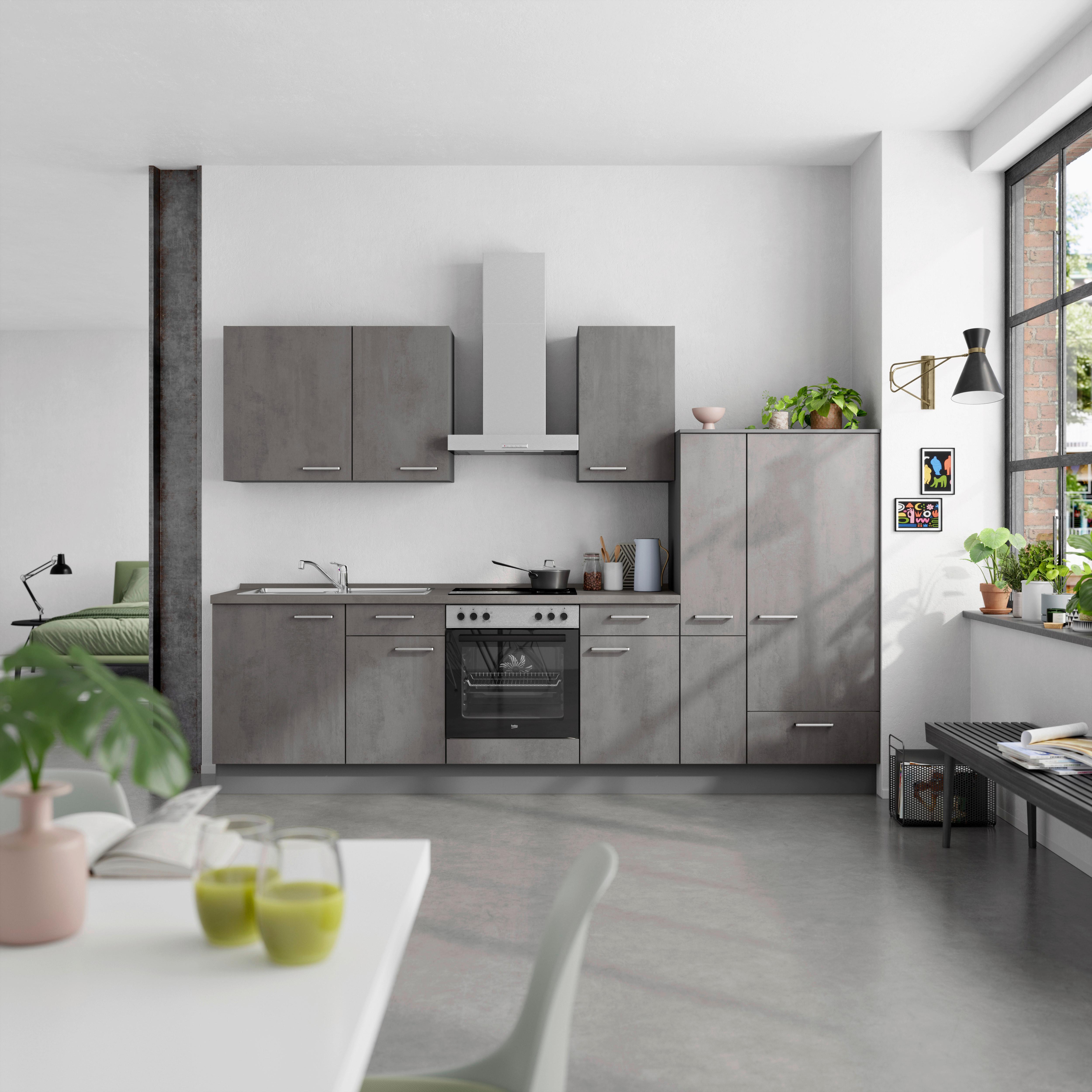 Küchenblock Riva Low m. Geräten Schieferfarben - Schieferfarben/Edelstahlfarben, MODERN, Holzwerkstoff/Metall (300cm) - Nobilia