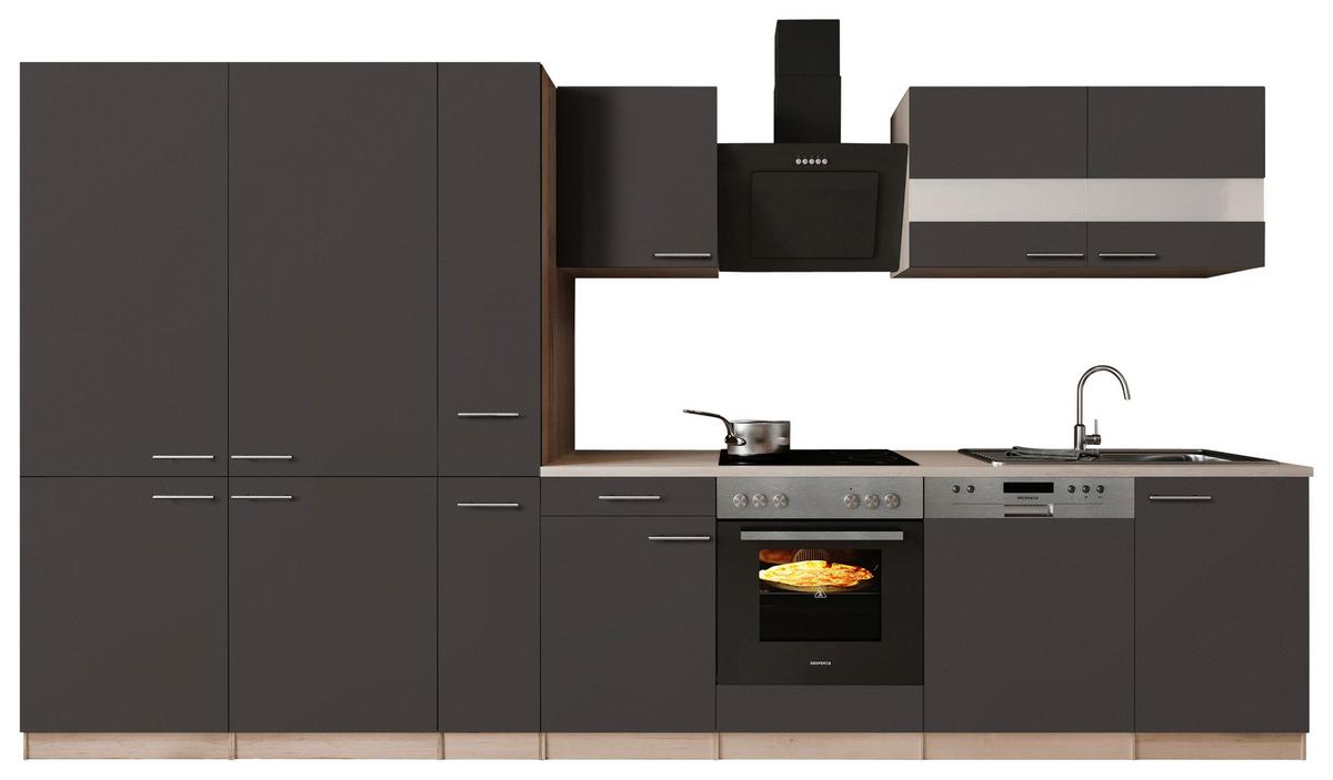 Küchenblock Merle m. Geräten Grau - Edelstahlfarben/Eichefarben, Trend, Holzwerkstoff/Metall (370cm) - Respekta