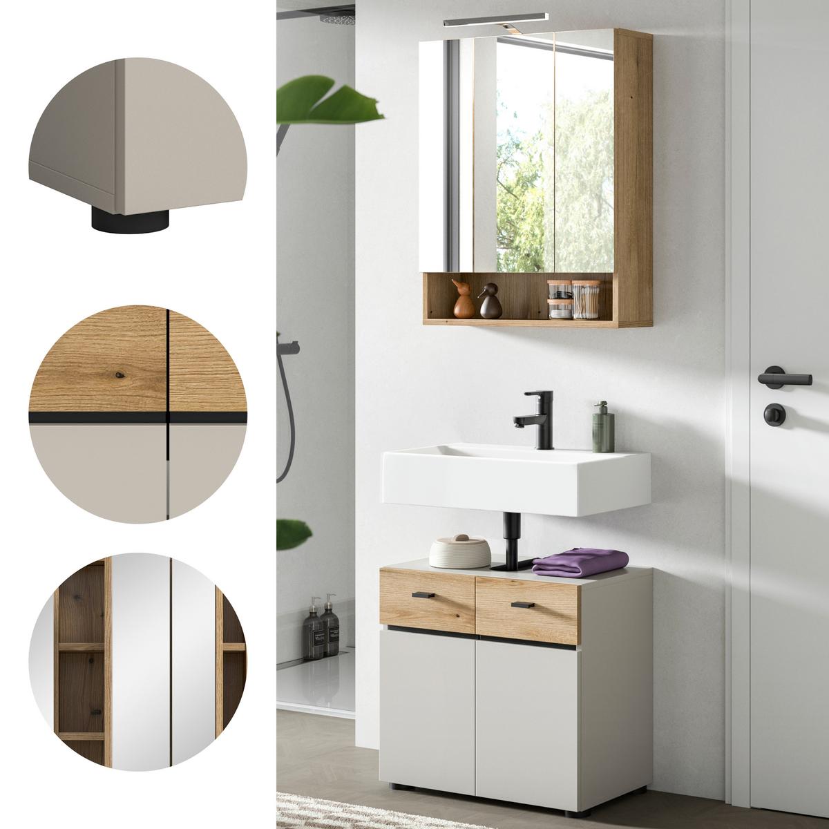 Badezimmer Aqua Eichefarben/Kaschmir 2-teilig - Kaschmir/Eichefarben, Trend, Glas/Holzwerkstoff (60cm) - MID.YOU