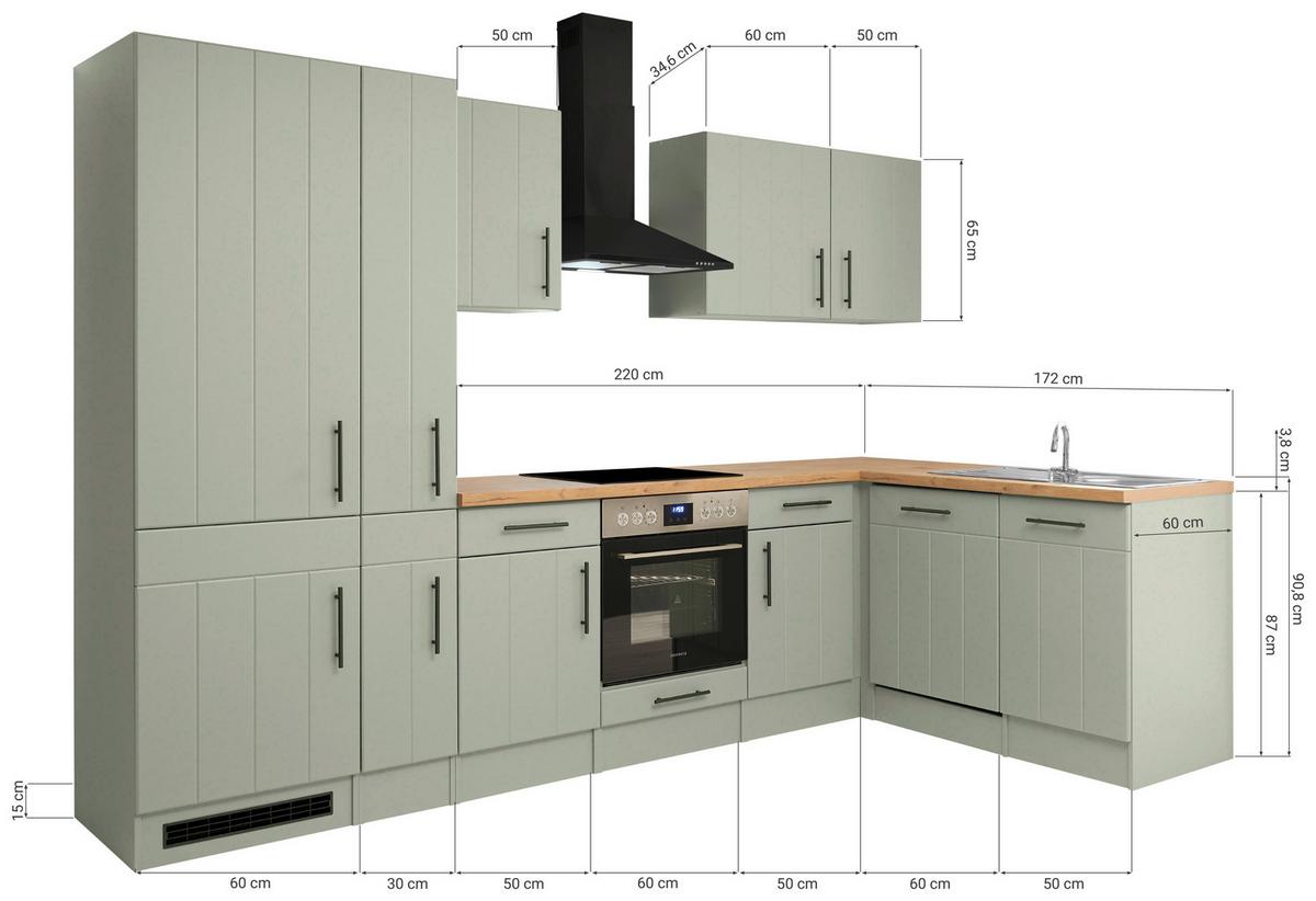 Eckküche Anton m. Geräte ca. 310x172cm Eiche/Schilfgrün - Schilfgrün/Wildeiche, Trend, Holzwerkstoff (310/172cm) - Respekta