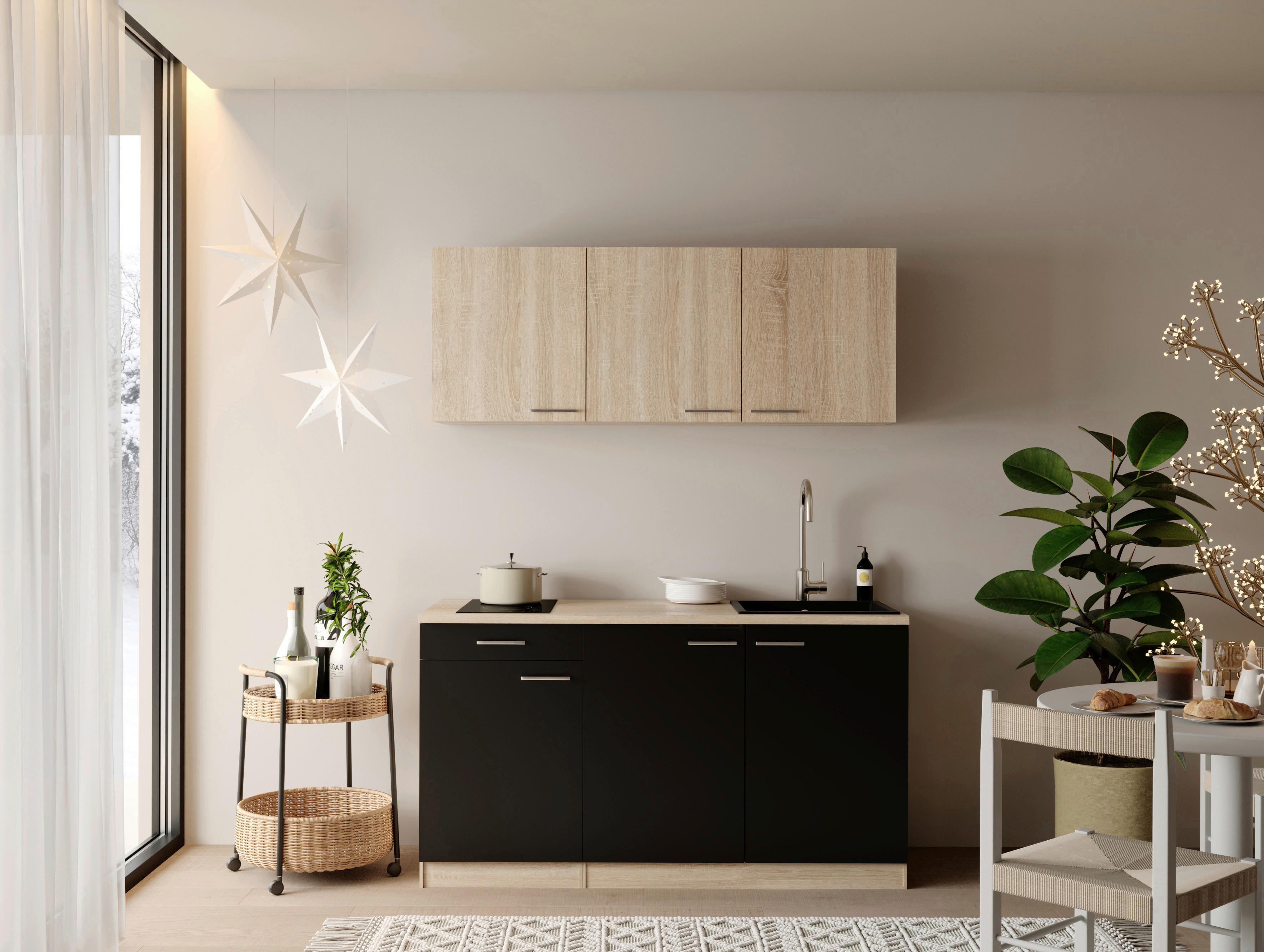 Miniküche Ingrid m. Gerät ca. 150cm Schwarz - Eichefarben/Schwarz, Design, Holzwerkstoff/Kunststoff (150cm) - Respekta