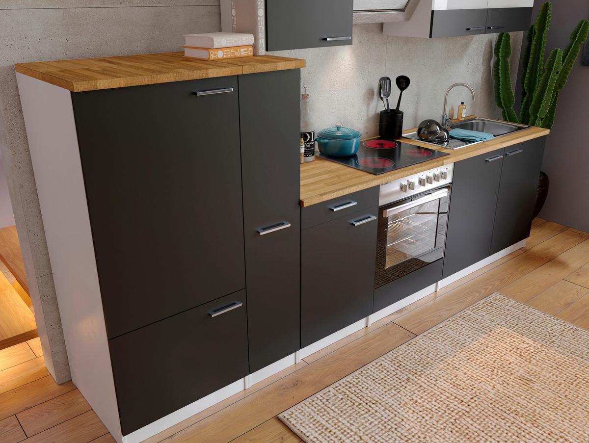 Küchenzeile Economy m. Geräten Schwarz/Nussbaum B: ca. 300 cm - Edelstahlfarben/Nussbaumfarben, Basics, Holzwerkstoff/Metall (300cm) - Respekta