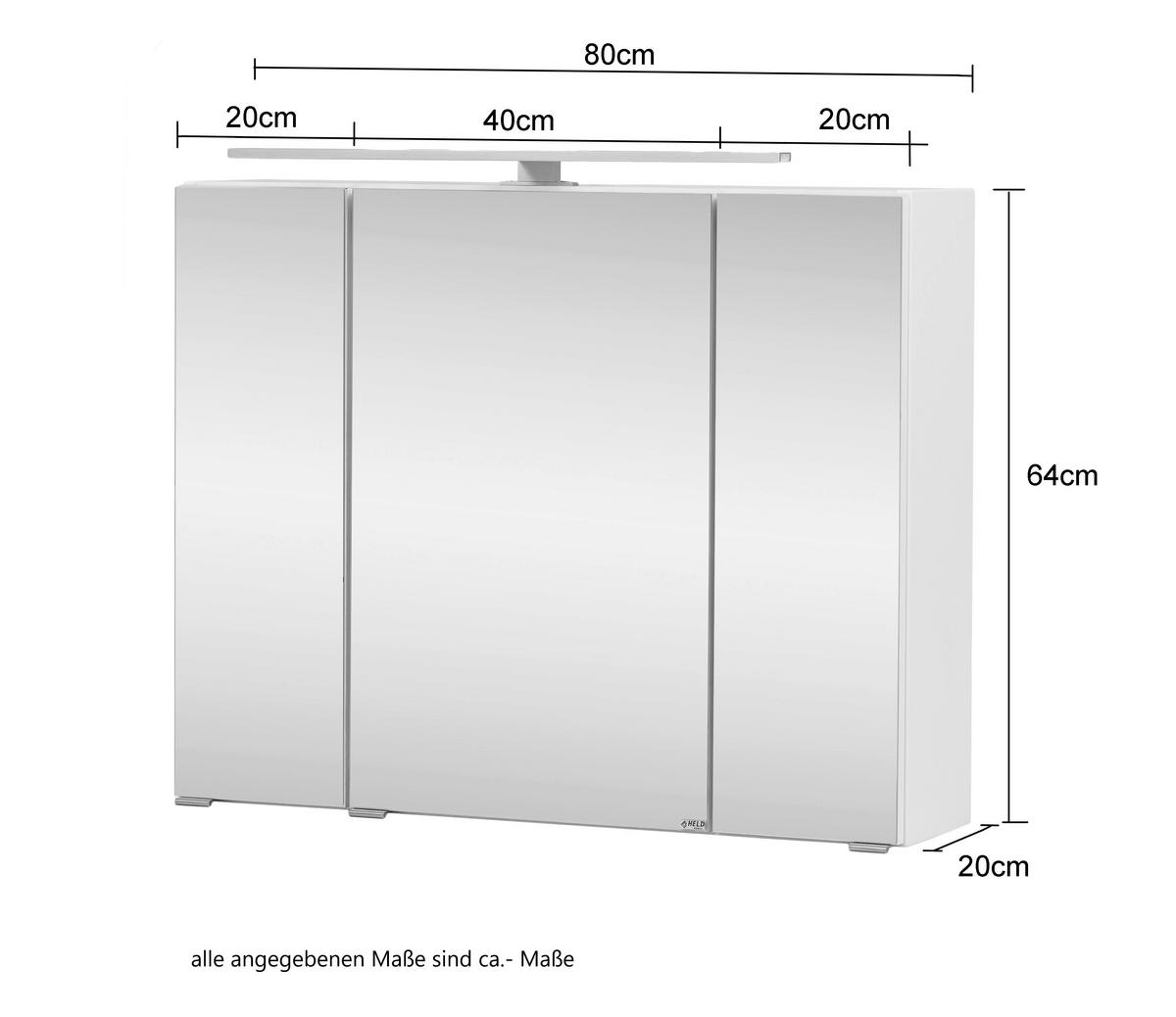 Spiegelschrank Stockholm mit LED 3-türig ca. 80x64 cm Weiß - Alufarben, KONVENTIONELL, Glas/Holzwerkstoff (80/64/20cm) - Held