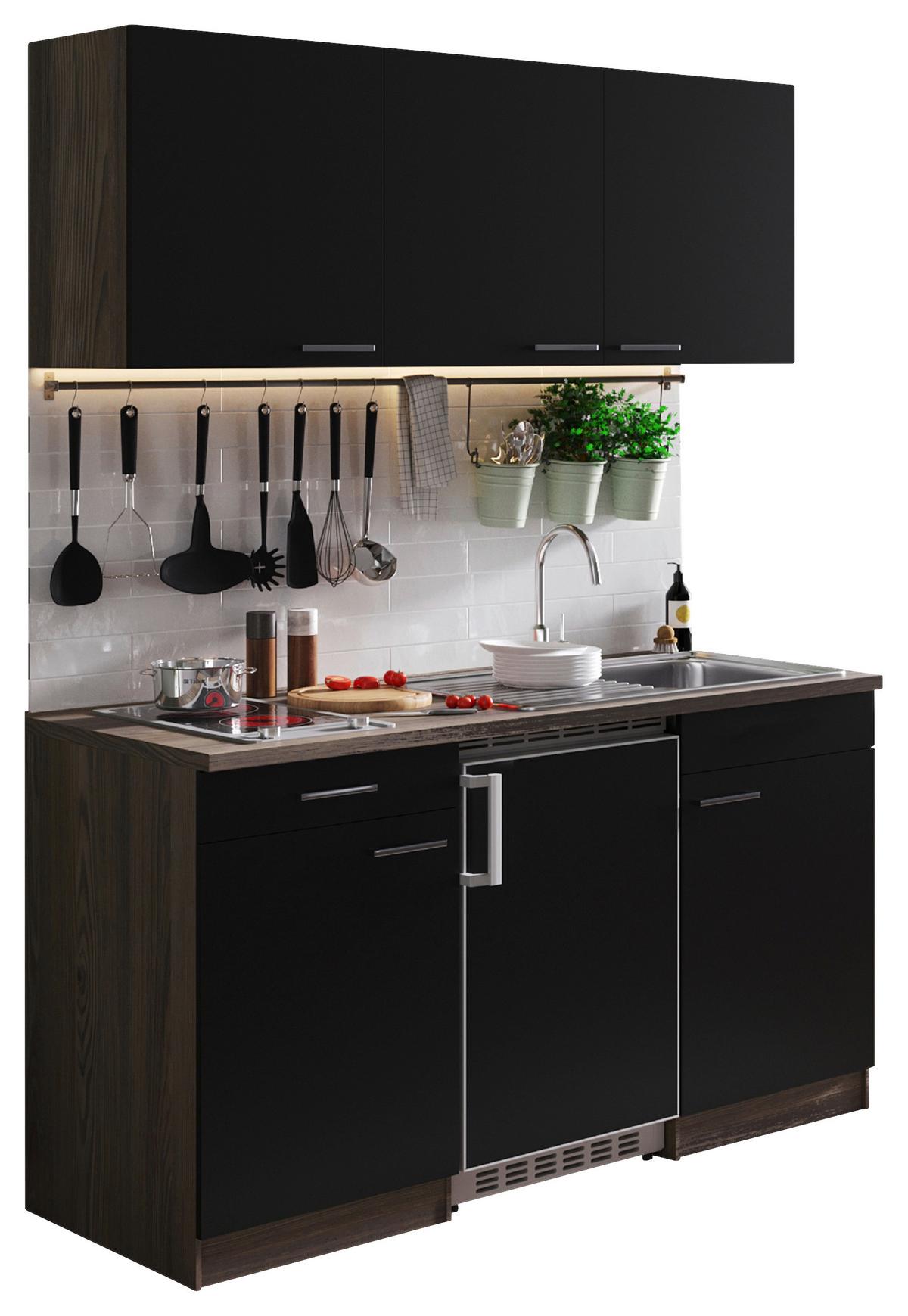 Miniküche Oliver mit Geräten ca. 150 cm Schwarz - Eichefarben/Schwarz, Basics, Holzwerkstoff/Kunststoff - Respekta
