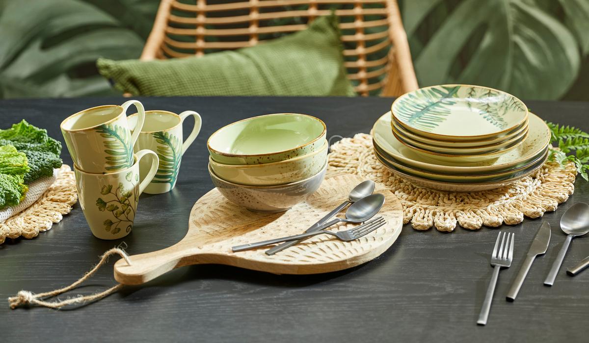 Kombiservice Botanica in Grün, 16-teilig - Sandfarben/Petrol, KONVENTIONELL, Keramik - Creatable
