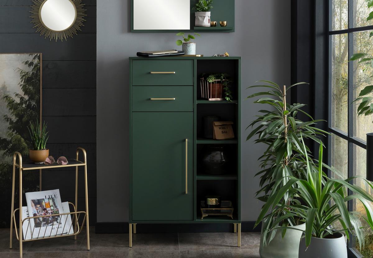 Srednje Visoka Omara Kent, Zelena - zlate barve/gozdno zelena, Moderno, kovina/leseni material (67,1/117,4/33,1cm) - Stylife