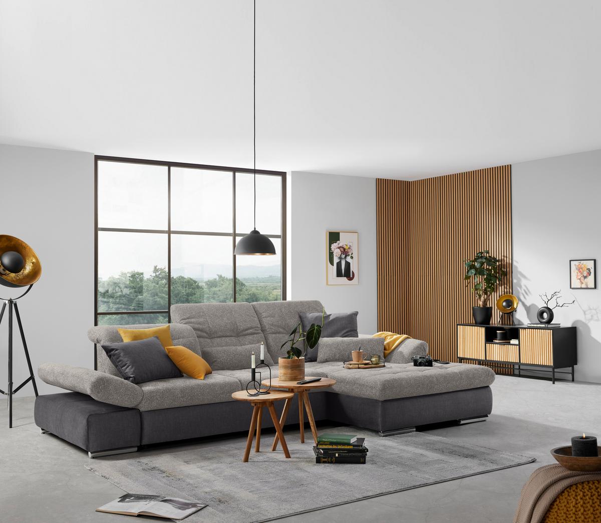 Wohnlandschaft Sanfino Silberfarben/Dunkelgrau - Chromfarben/Dunkelgrau, KONVENTIONELL, Holz/Textil (305/79-96/199cm) - Premium Living
