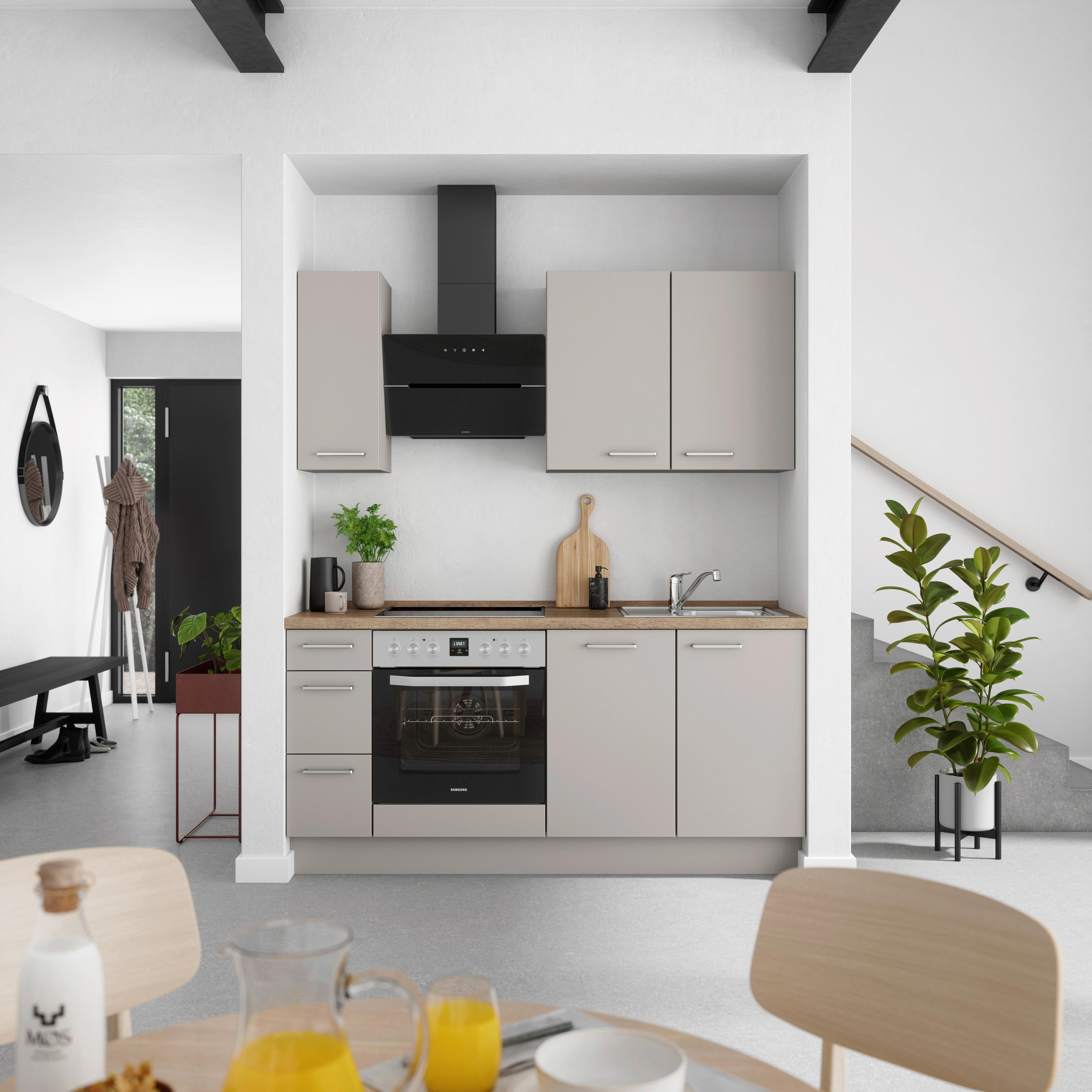 Küchenblock Touch High m. Geräten Grau - Eiche dunkel/Edelstahlfarben, MODERN, Holzwerkstoff/Metall (180cm) - Nobilia