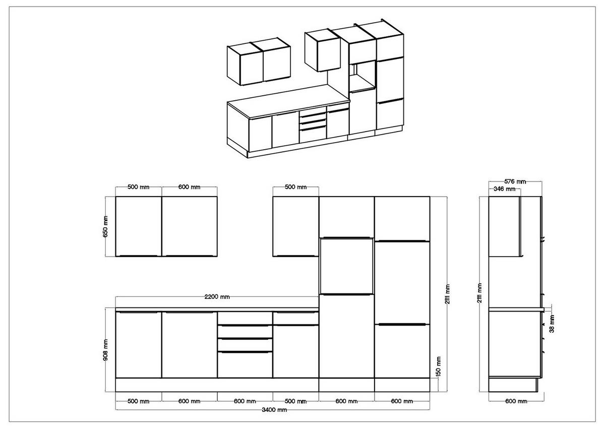 Küchenblock Marleen m. Geräten Weiß B: ca. 340 cm - Weiß Hochglanz/Alufarben, LIFESTYLE, Holzwerkstoff/Kunststoff (340cm) - Respekta