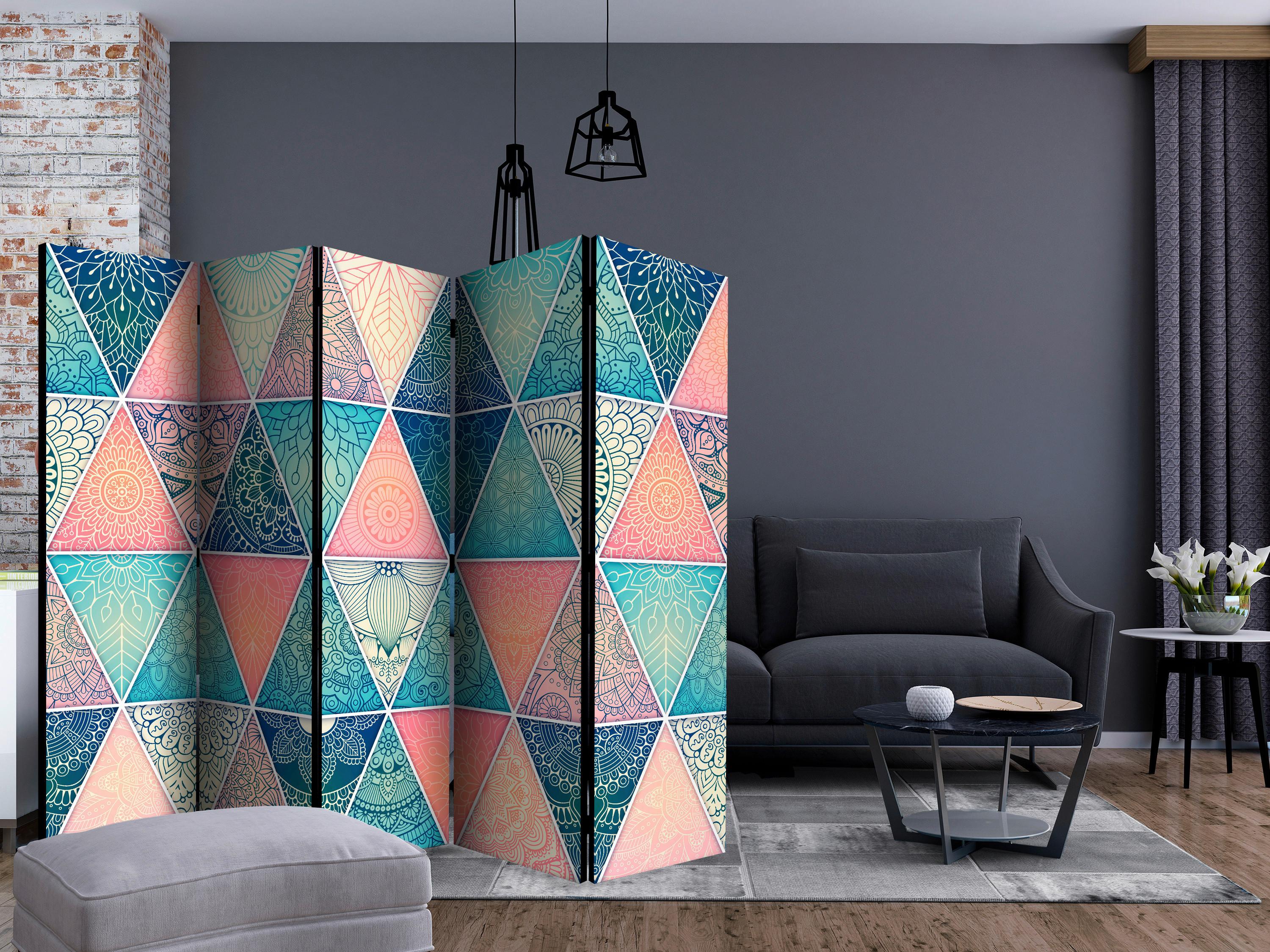 Paravan Oriental Triangles I, 5-Delni, Dvostranski - turkizna/večbarvno, Basics, tekstil/les (225/172/3cm) - artgeist