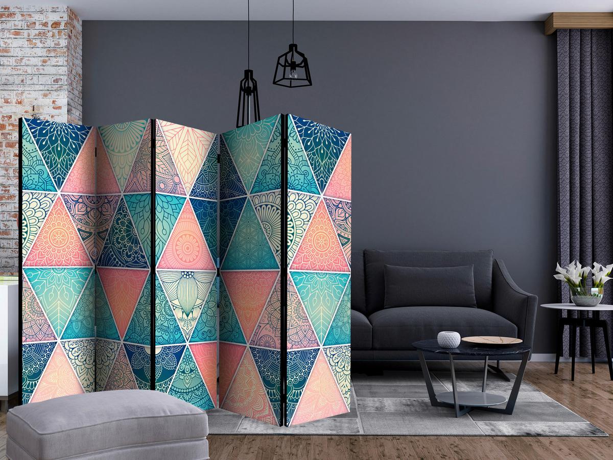 Paravan Oriental Triangles I, 5-Delni, Dvostranski - turkizna/večbarvno, Basics, tekstil/les (225/172/3cm) - artgeist