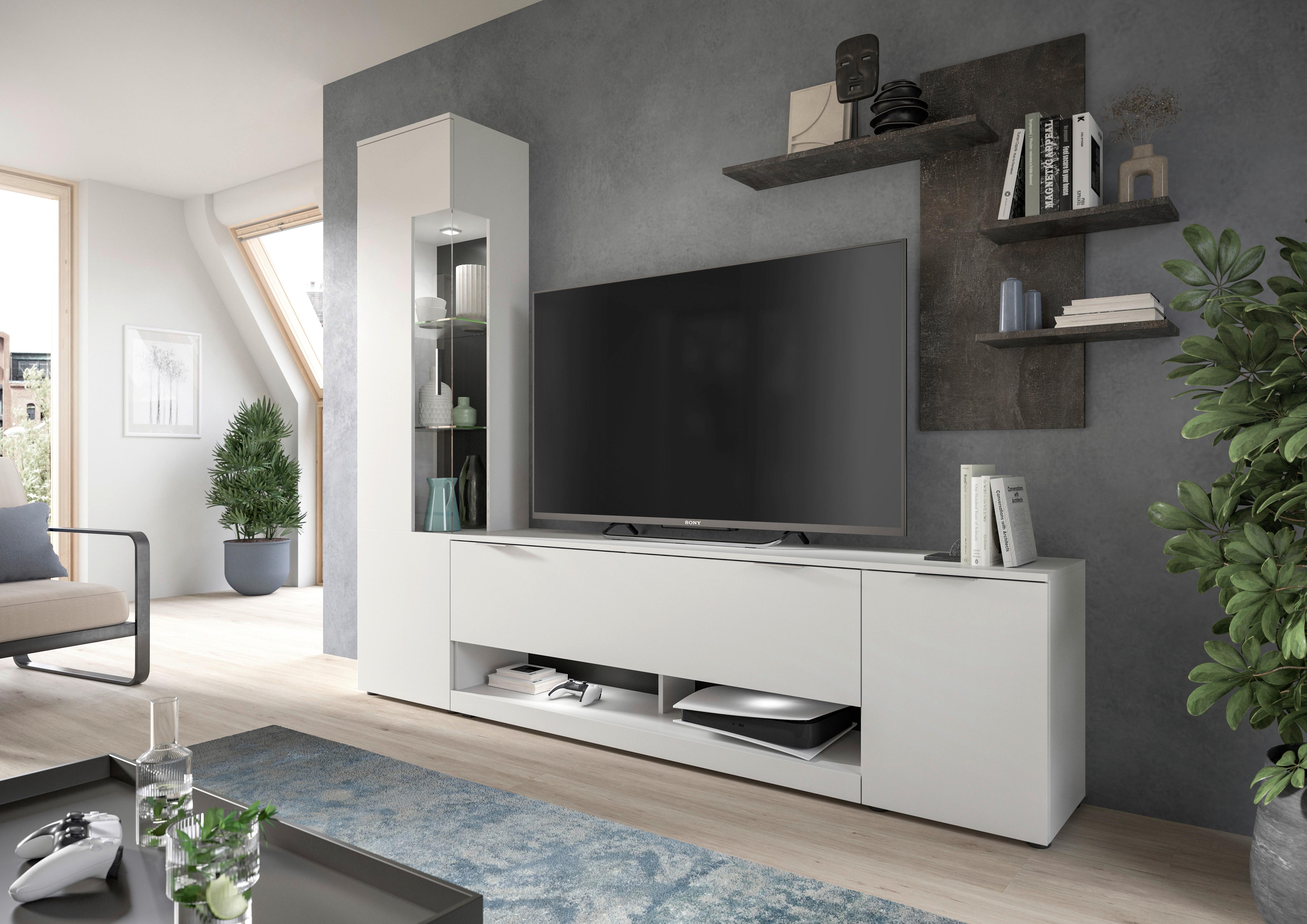 Ansamblu mobilier camera de zi BEN - alb/gri, Design, sticlă/material pe bază de lemn (250/190/35cm) - Modern Living