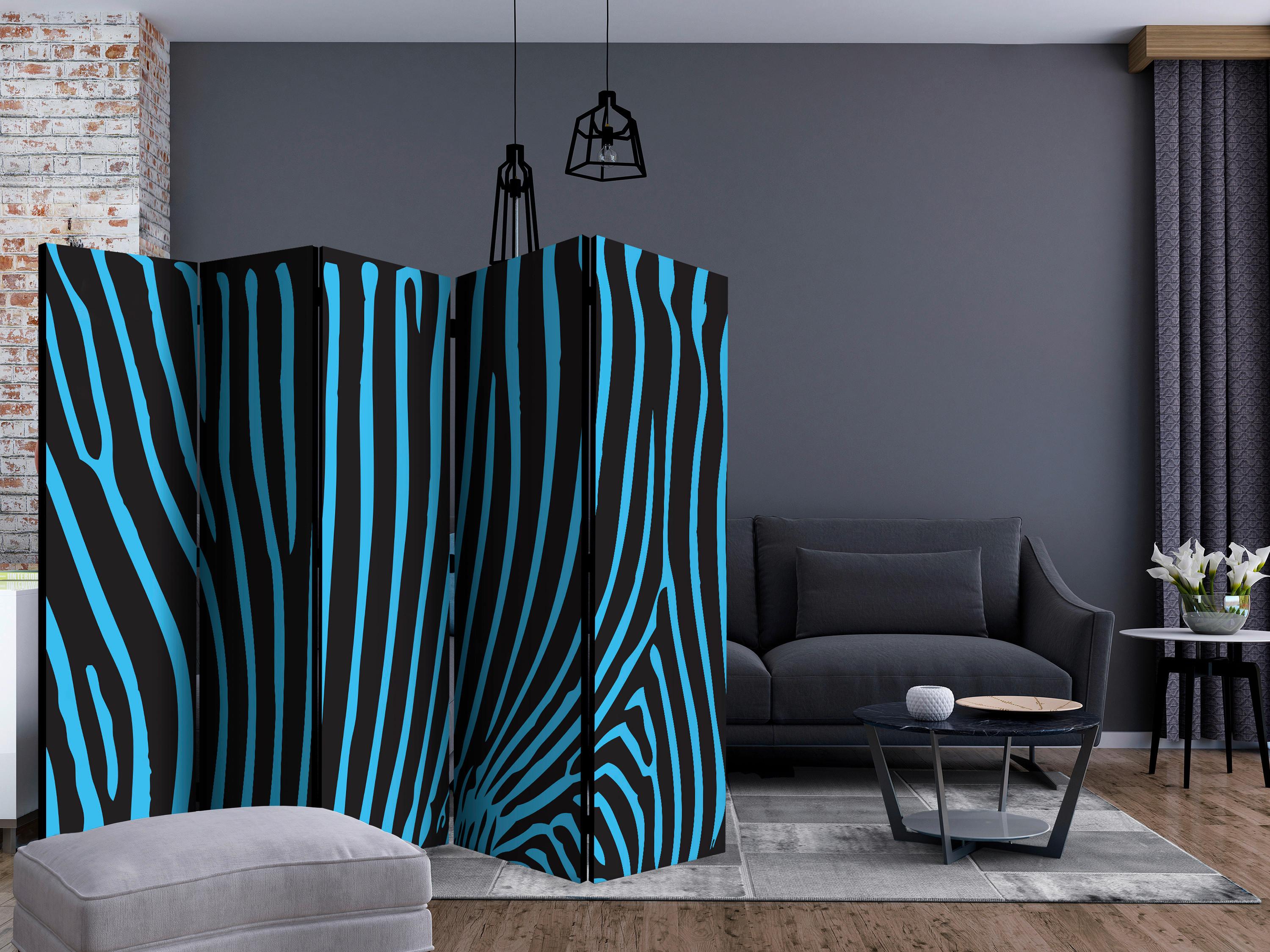 Paravan Zebra Pattern I, 5-Delni, Dvostranski - modra/črna, Basics, tekstil/les (225/172/3cm) - artgeist