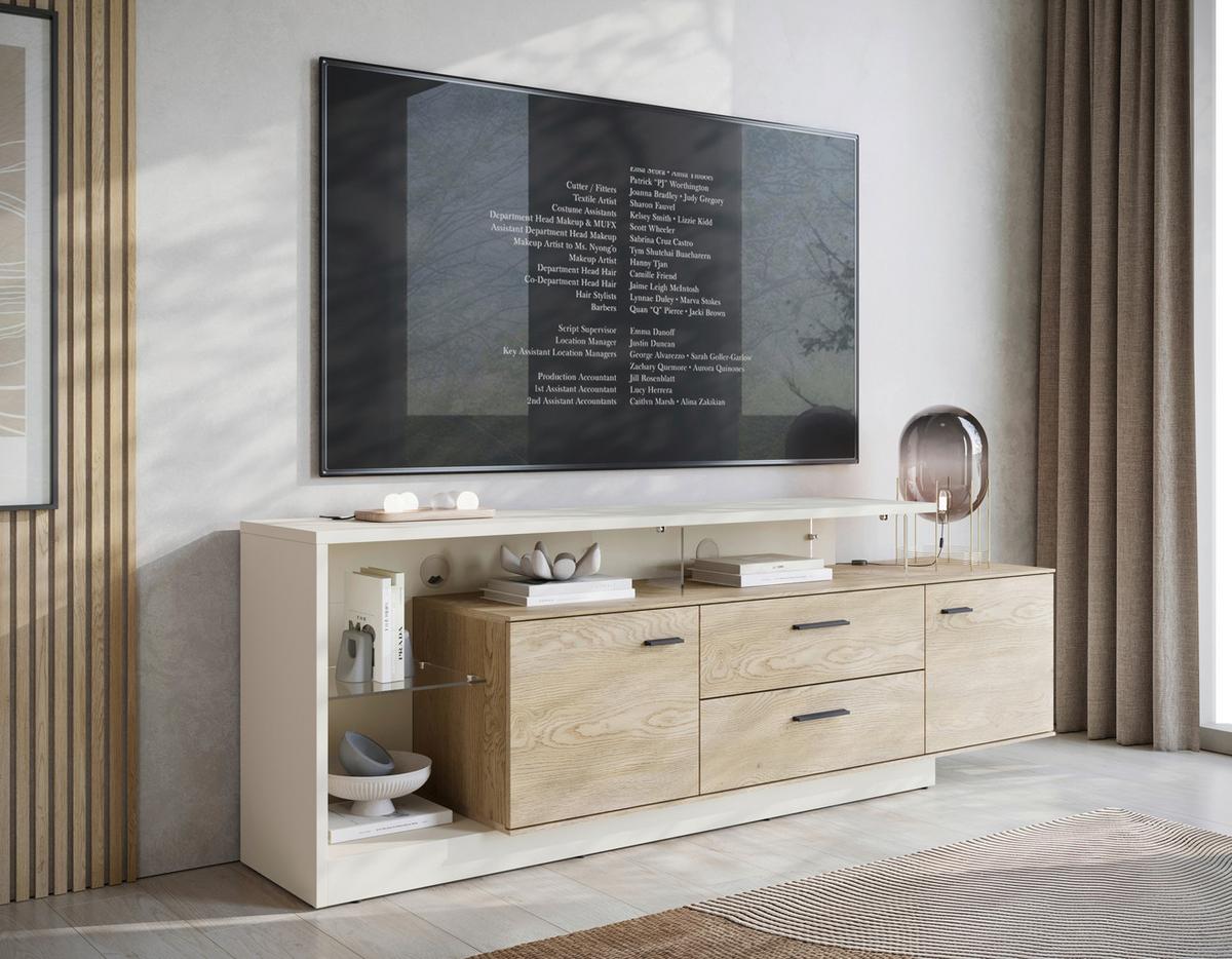 Comodă TV LAGOON - cașmir/culoare lemn stejar, Modern, sticlă/material pe bază de lemn (191,5/65,5/39,9cm) - Modern Living