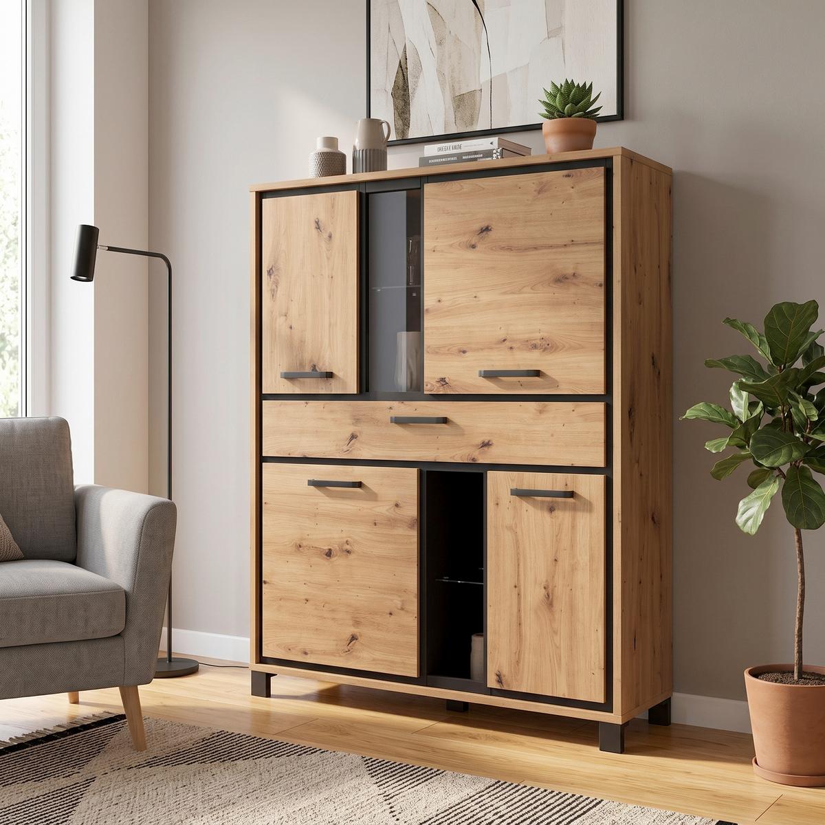 Visoka Komoda Trondheim, Barva Hrasta, Črna - črna/barve hrasta, Basics, kovina/umetna masa (120,4/161/41,5cm) - Livetastic