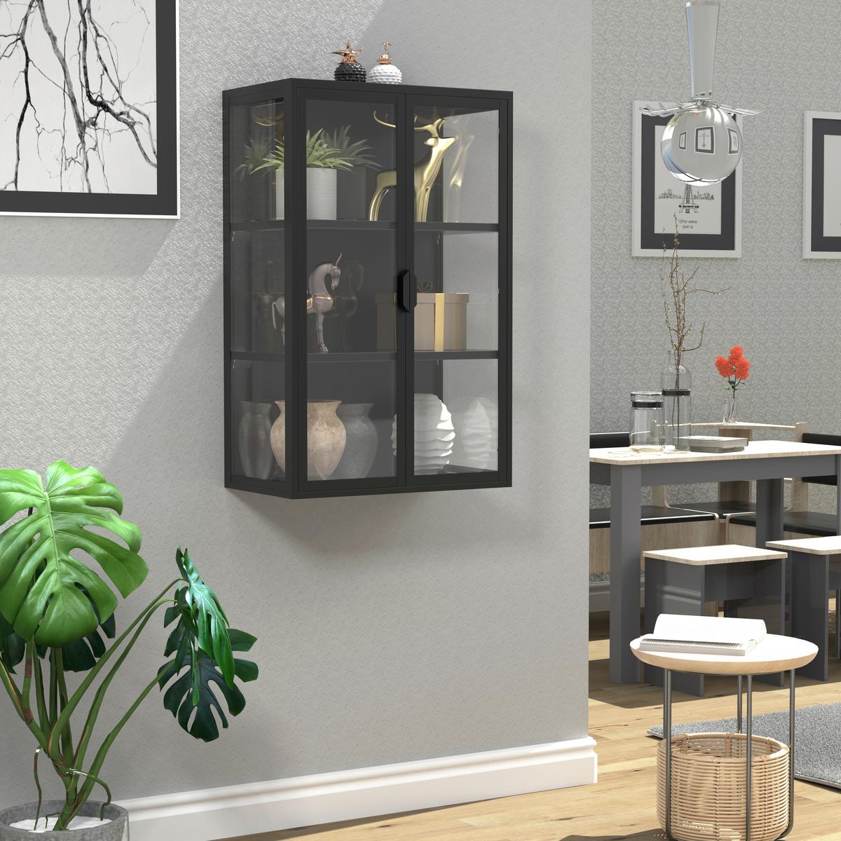 Viseča Vitrina Flokas L, Črna - črna/prosojno, Design, kovina/steklo (60/95/35cm) - MID.YOU