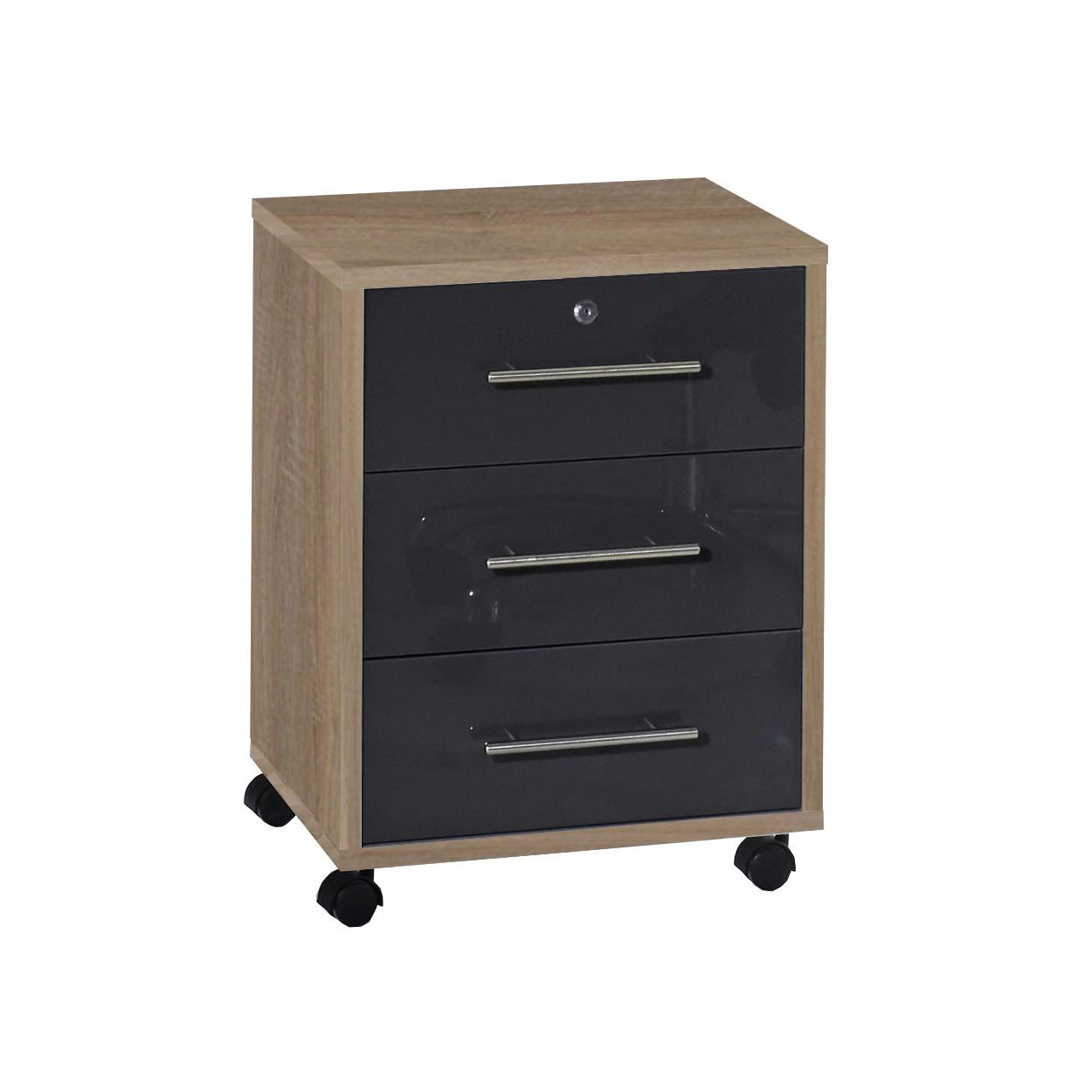 Rollcontainer Office Edition Sonoma Eiche/Anthrazit - Edelstahlfarben/Anthrazit Hochglanz, MODERN, Holzwerkstoff/Kunststoff (44/58/40cm) - MID.YOU