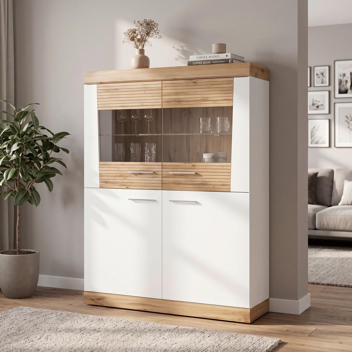 Visoka Komoda Merida, Bela, Barva Hrasta - hrast wotan/črna, Romantika, kovina/umetna masa (120/157,75/35,9cm) - Modern Living