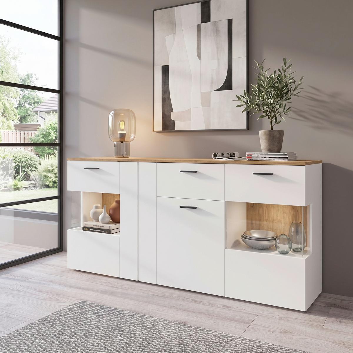 Široka Komoda Dalano, Bela, Barva Hrasta - črna/barve hrasta, Trend, umetna masa/steklo (173,5/83,4/42cm) - Modern Living