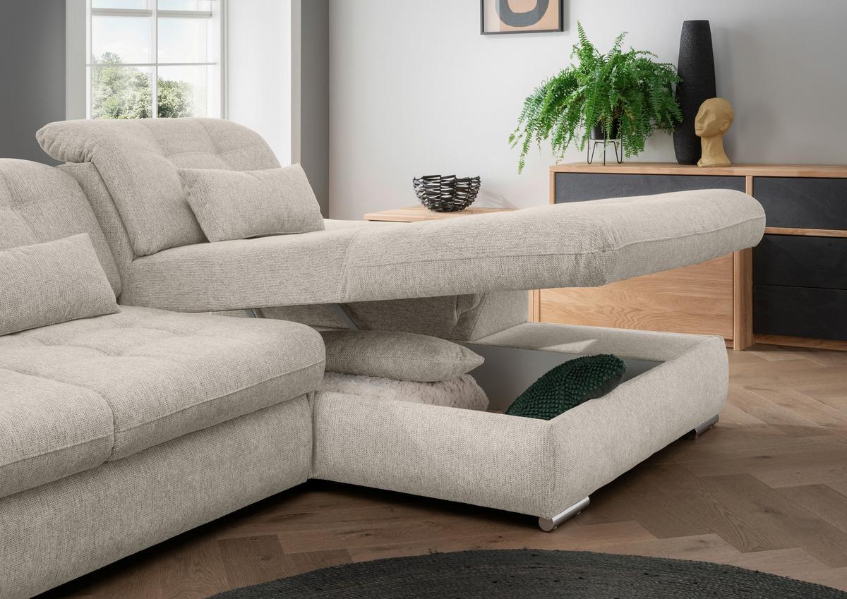 Ecksofa Rigatti Beige Chenille m. Bettkasten - Chromfarben/Beige, MODERN, Textil/Metall (314/184cm) - Livetastic