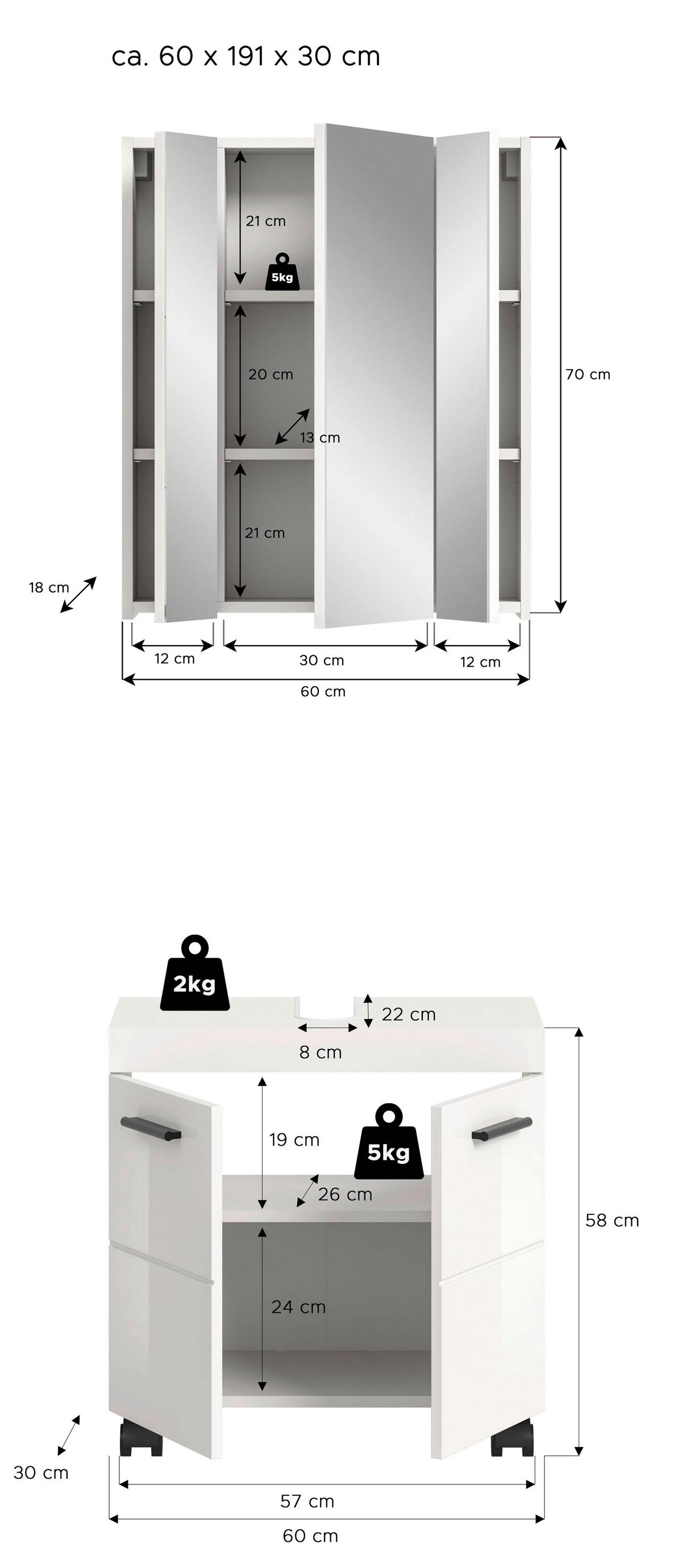 Badezimmer NOVA Weiß, Weiß Hochglanz 2-teilig - Weiß Hochglanz/Schwarz, Trend, Glas/Holzwerkstoff (60cm) - MID.YOU