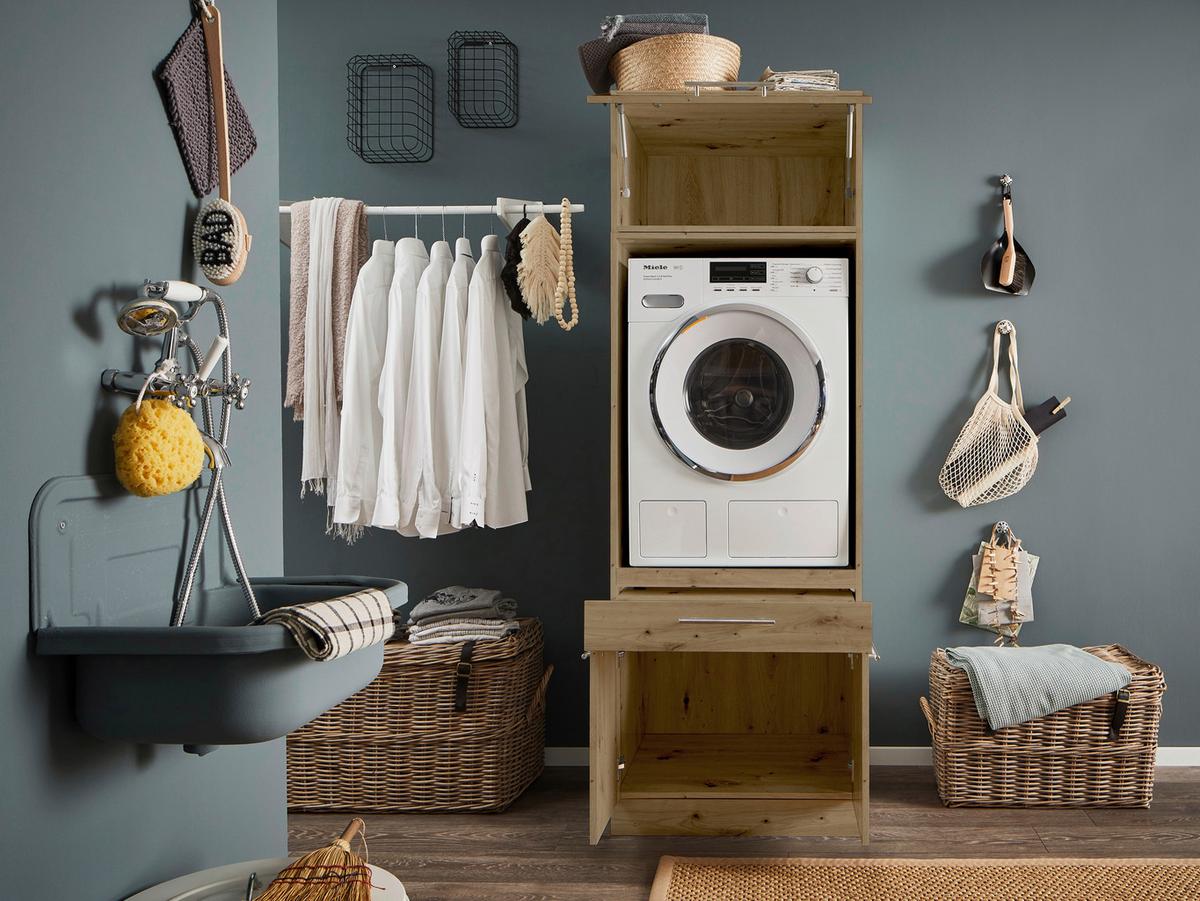 Waschmaschinenverbau in Eiche Artisan - Silberfarben/Schwarz, Konventionell, Holzwerkstoff/Kunststoff (67,5/162/67,5cm) - Mömax