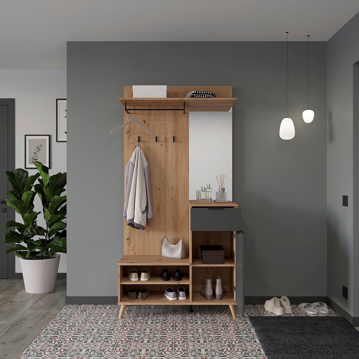 PRZEDPOKÓJ NORDIC - kolor grafitowy/dąb artisan, Design, materiał drewnopochodny/szkło (100/202/40cm) - home24