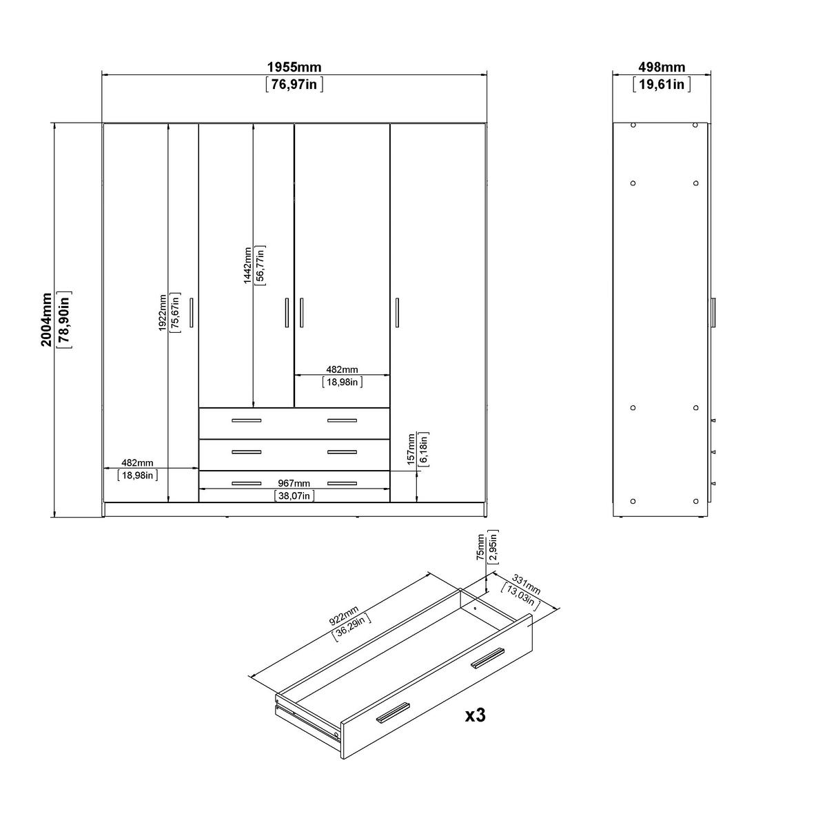 Omara Za Oblačila Sprint, Barva Hrasta - črna/barve hrasta, Basics, kovina/leseni material (195,5/200,4/49,6cm) - MID.YOU