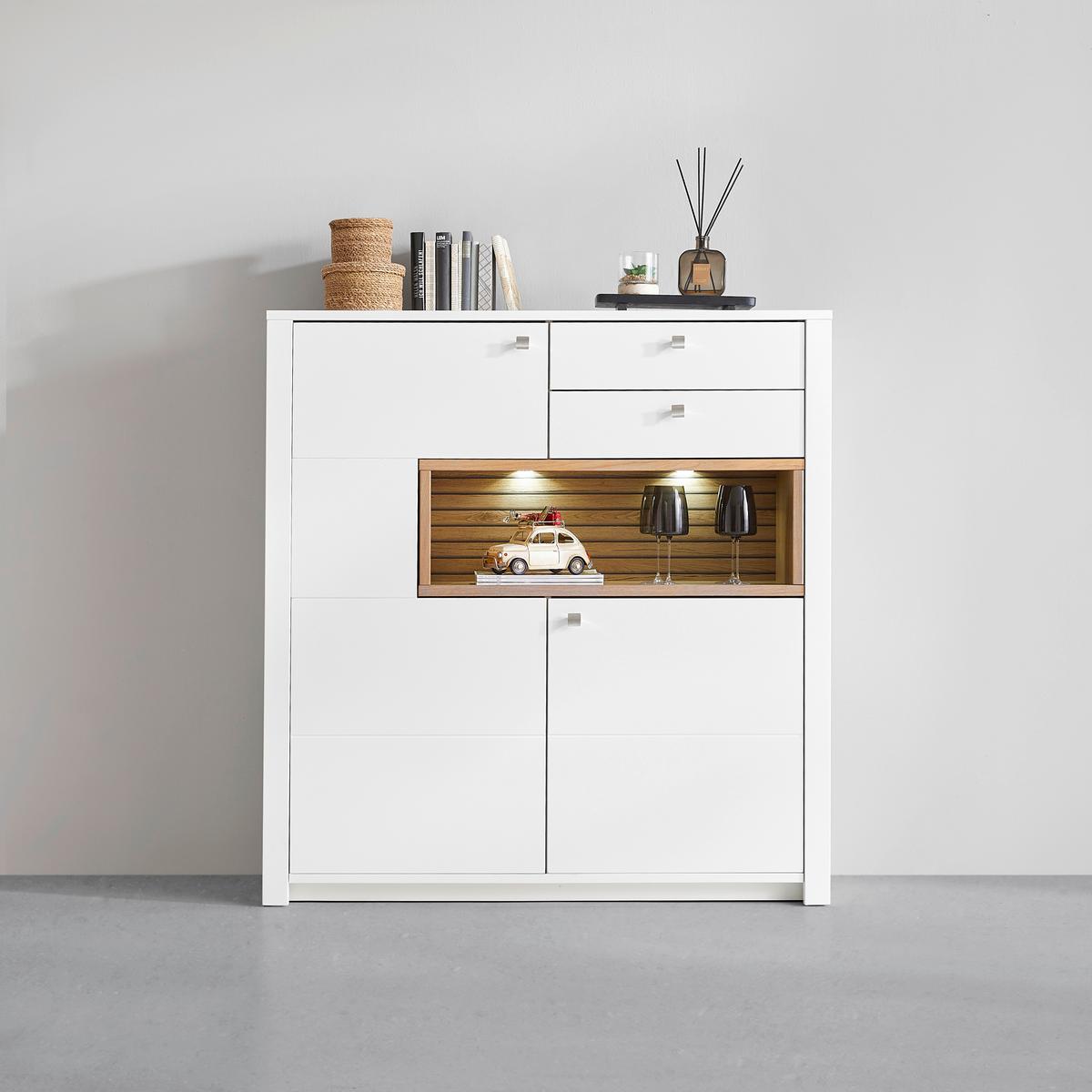 Highboard Whitehouse 10Q8WR22 Weiss/Eichefarben - Weiss/Edelstahlfarben, Modern, Holz/Holzwerkstoff (132/138/41cm) - Premium Living