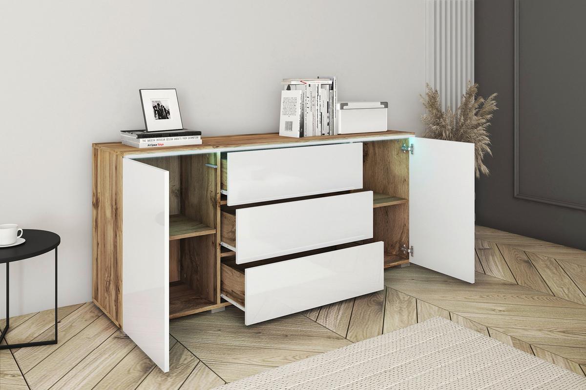 Sideboard Vera mit LED ca. 150 cm Weiß/Eiche Wotan - Weiß Hochglanz/Eiche Wotan, LIFESTYLE, Holzwerkstoff/Kunststoff (150/67,9/39,5cm) - P & B