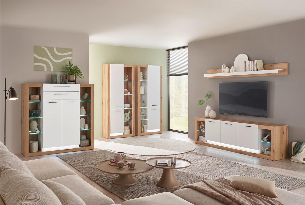 WOHNWAND BRIXEN - Eichefarben/Schwarz, Design, Glas/Holzwerkstoff (180/195/37cm) - MID.YOU