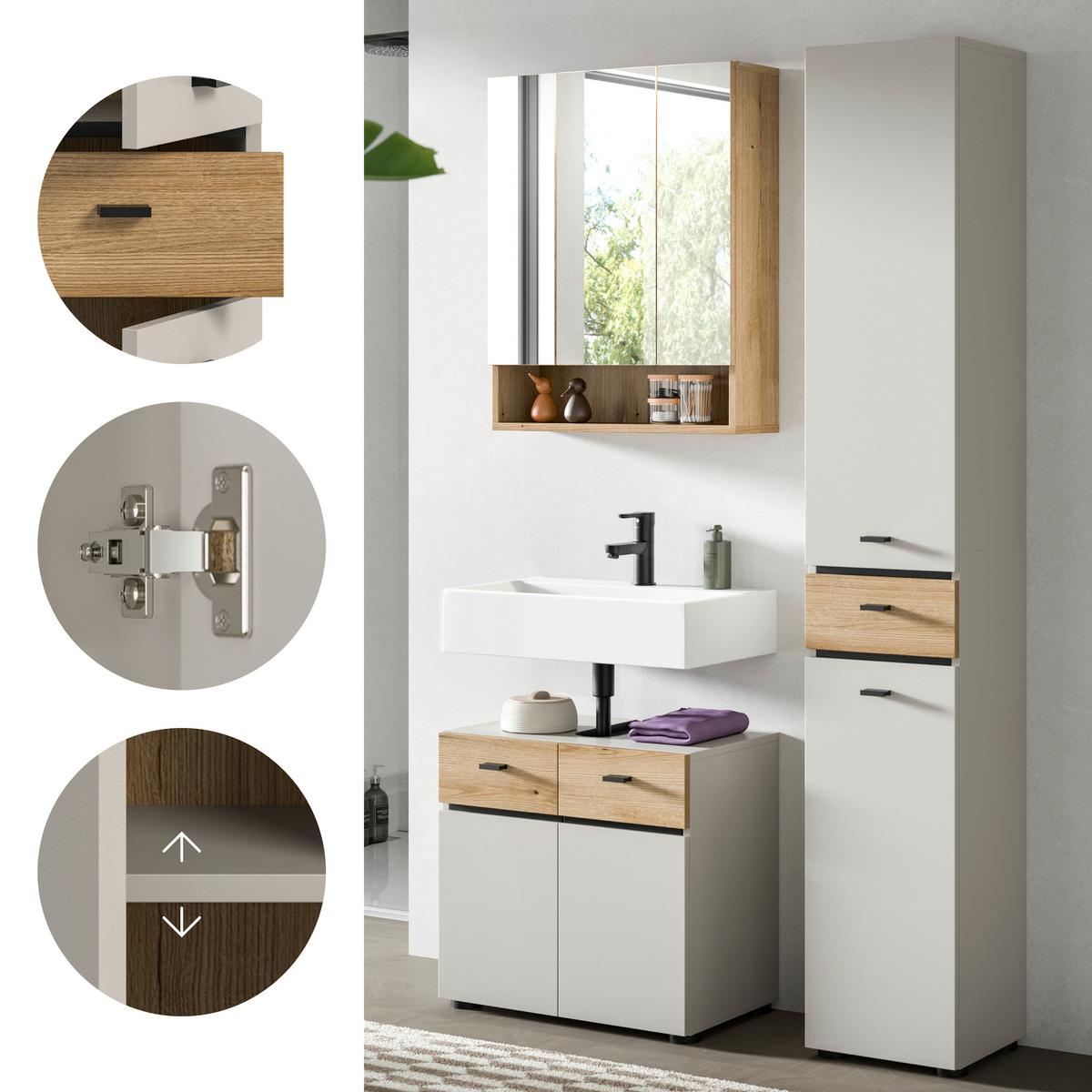 Badezimmer Aqua Eichefarben/Kaschmir 3-teilig - Kaschmir/Eichefarben, Trend, Glas/Holzwerkstoff (92cm) - MID.YOU