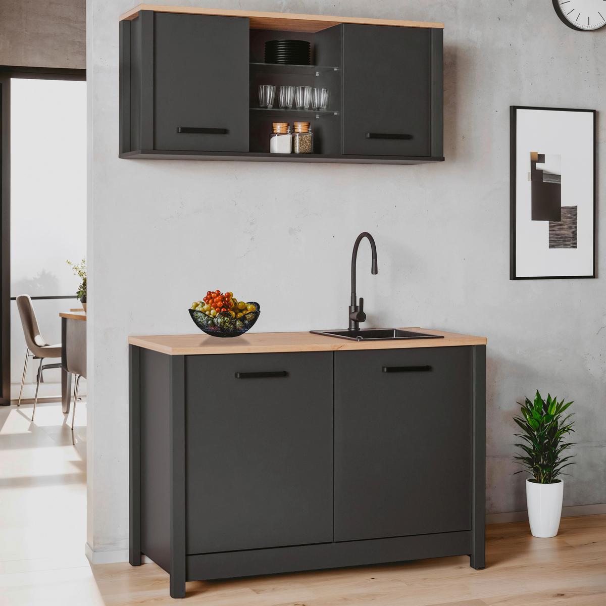 Hängeschrank Venet, Anthrazit/Artisan Eiche - Anthrazit/Schwarz, ROMANTIK / LANDHAUS, Glas/Holzwerkstoff (130,3/57,5/33cm) - Mömax