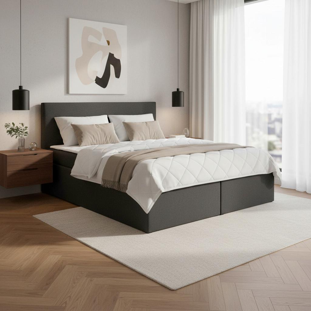 Boxbett Lucy 2 Dunkelgrau ca. 180x200 cm mit Topper - Dunkelgrau/Schwarz, MODERN, Holz/Holzwerkstoff (180/200cm) - Bessagi Home