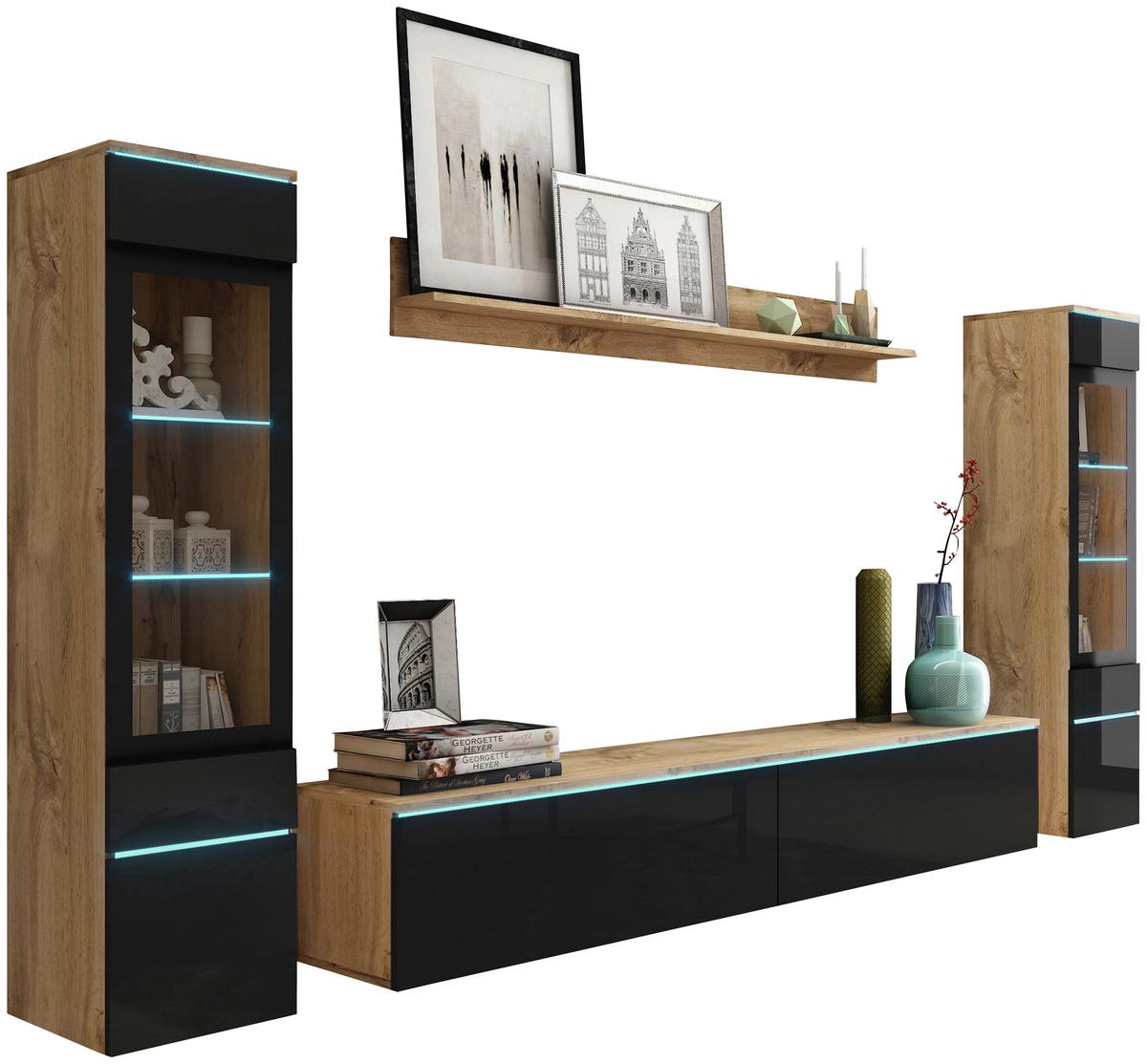 Wohnwand Vera 4-tlg. ca. 240x130 cm Eiche Wotan - Schwarz Hochglanz/Eiche Wotan, LIFESTYLE, Glas/Holzwerkstoff (240/130/33cm) - P & B