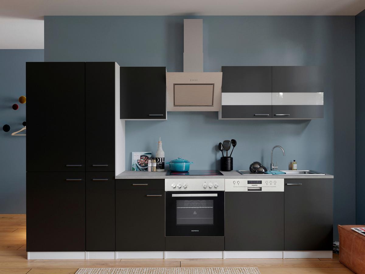 Küchenblock Malia mit Geräten ca. 310 cm Schwarz - Edelstahlfarben/Schwarz, Basics, Holzwerkstoff/Metall (310cm) - Respekta