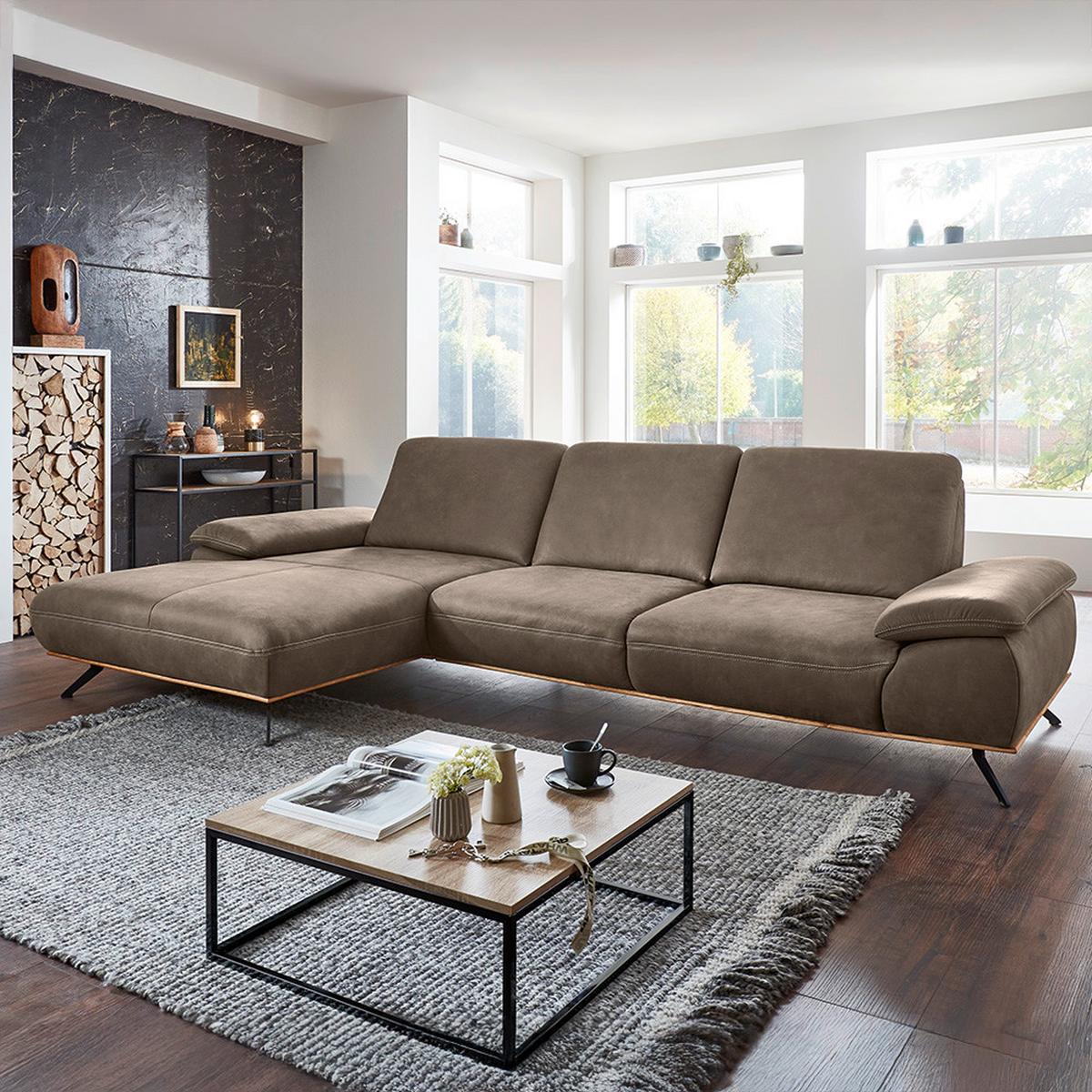 Wohnlandschaft Erling Alufarben - Beige/Alufarben, MODERN, Leder/Metall (187/89/322cm) - Premium Living