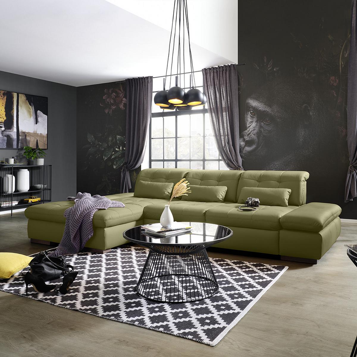 Wohnlandschaft Sanfino Leder Olivgrün - Chromfarben/Olivgrün, KONVENTIONELL, Leder/Metall (199/79-96/305cm) - Premium Living