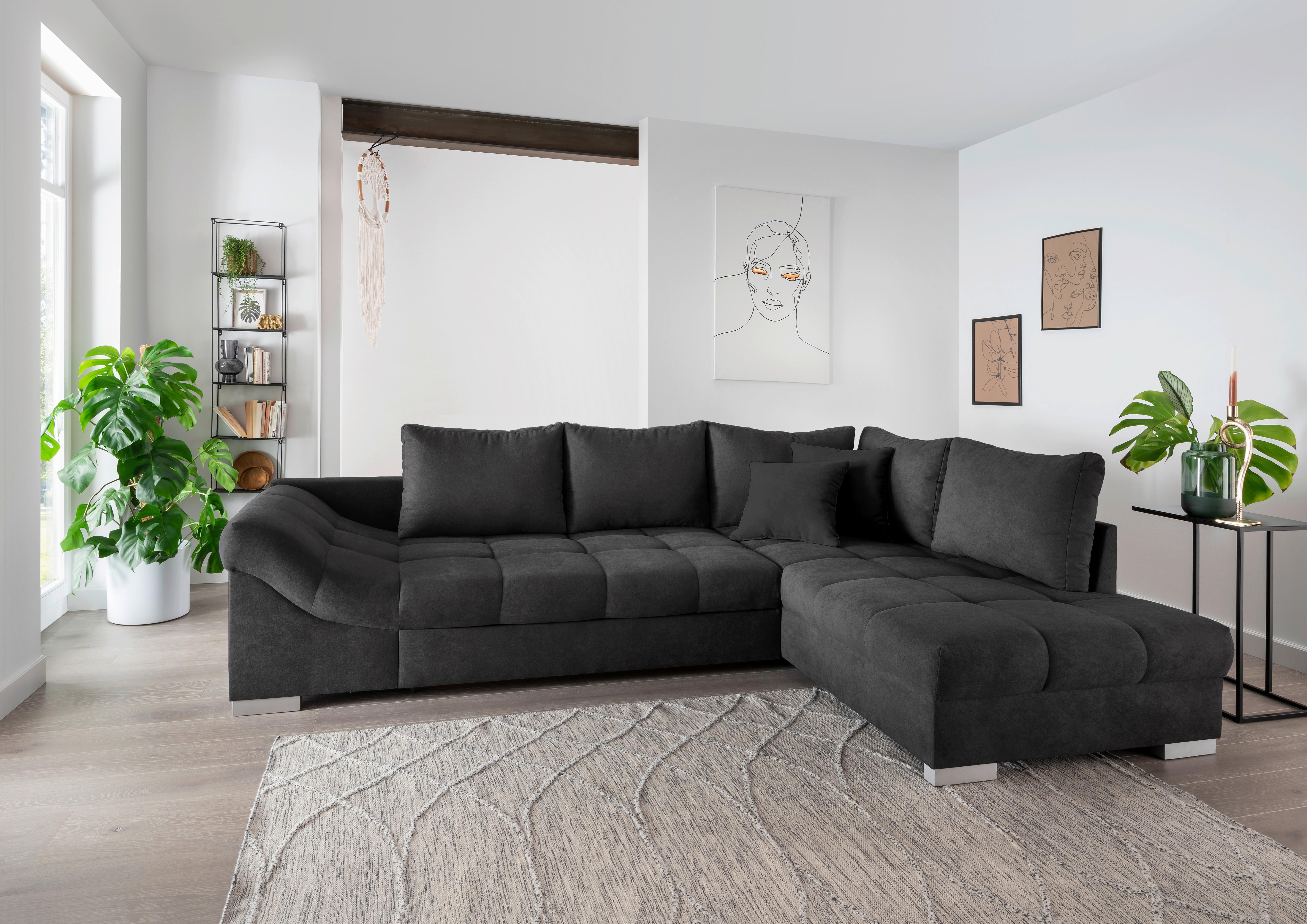 Wohnlandschaft Alvito Schwarz Nylon/Mikrofaser - Silberfarben/Schwarz, Design, Holz/Textil (298/202cm) - MID.YOU