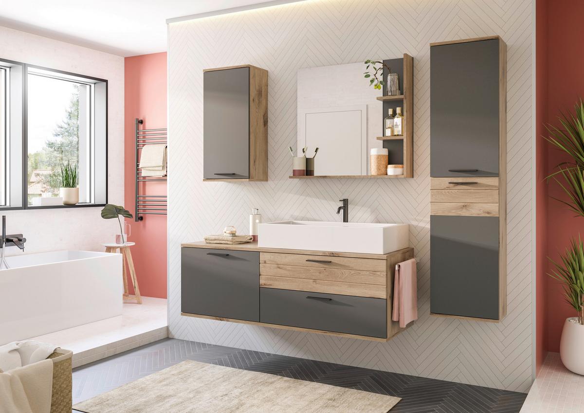 Waschbecken mit Unterschrank Mason ca. 140 cm Eiche/Grau - Eichefarben/Schwarz, MODERN, Holzwerkstoff/Kunststoff (140cm) - MID.YOU