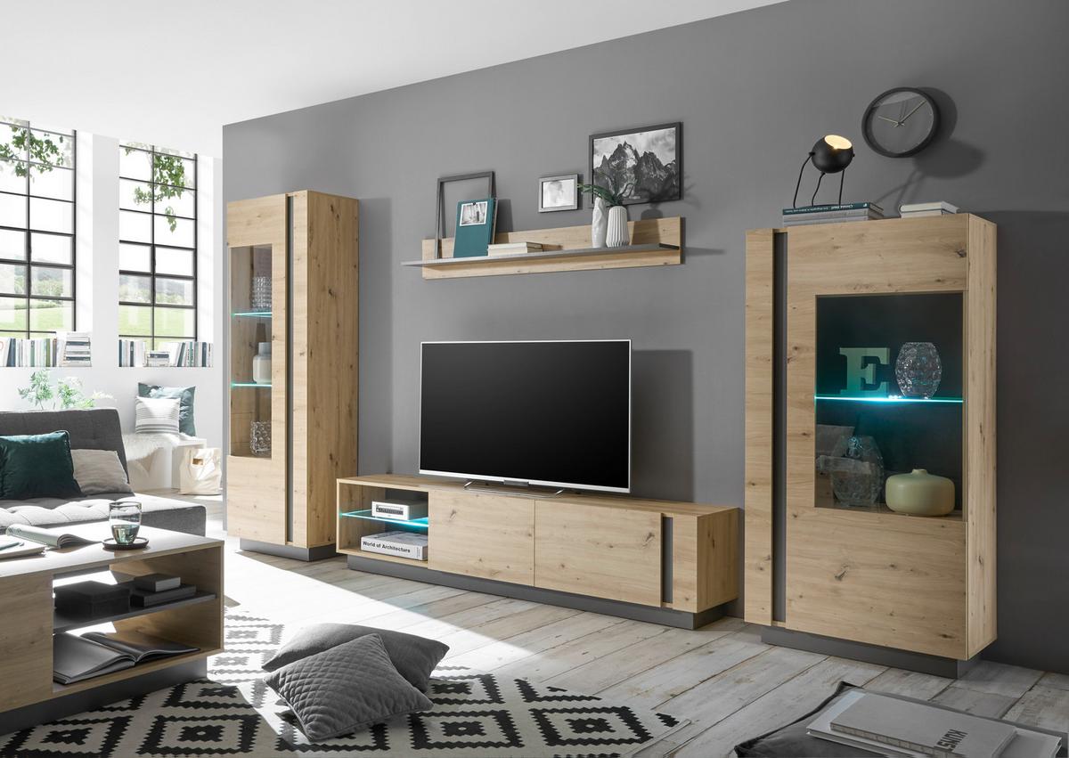 Wohnwand Clair Grau/Eiche Artisan - Eiche Artisan/Grau, Design, Glas/Holzwerkstoff (340/194/40cm) - MID.YOU